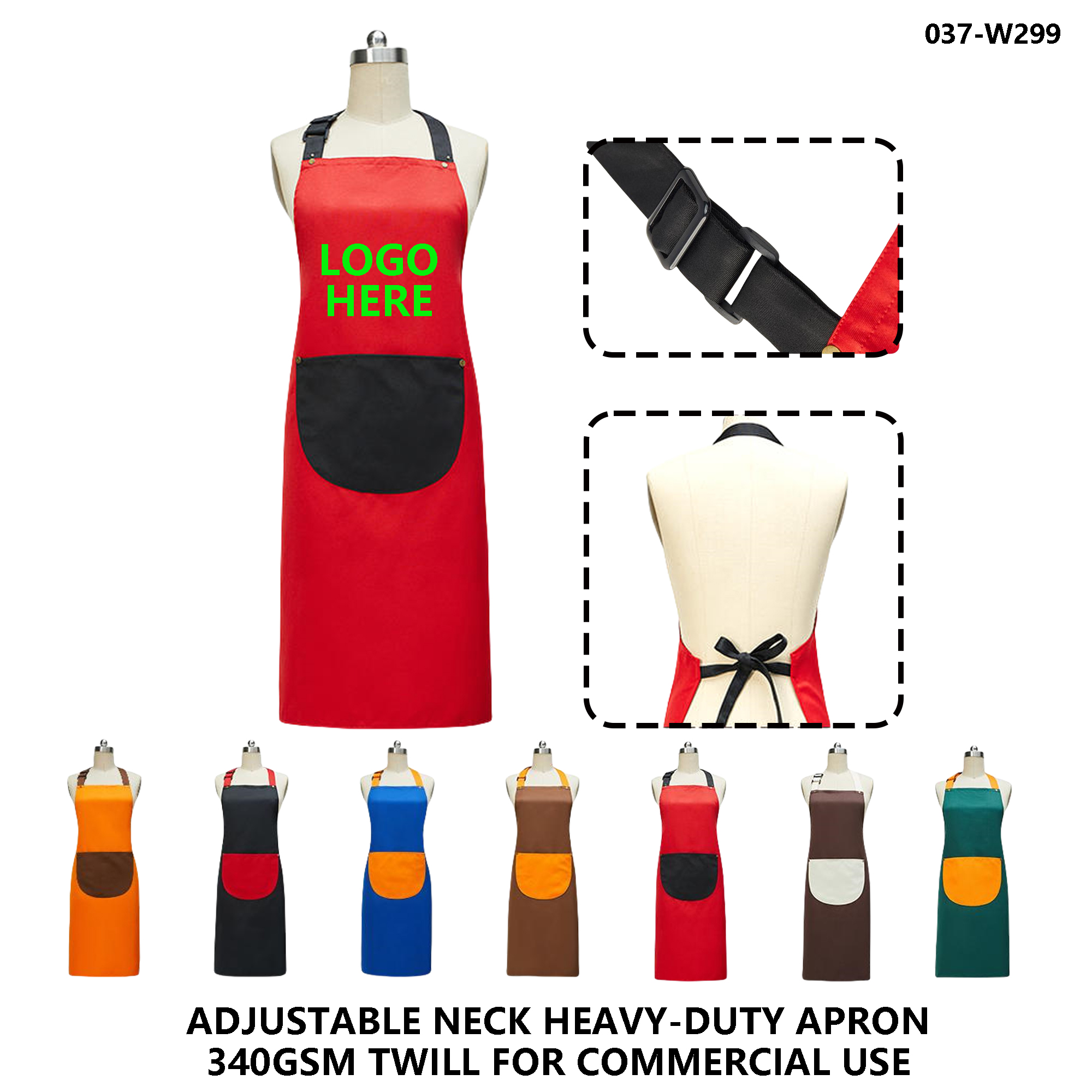 Adjustable Neck Apron with Pockets - Branded Durable Kitchen & Workshop Use