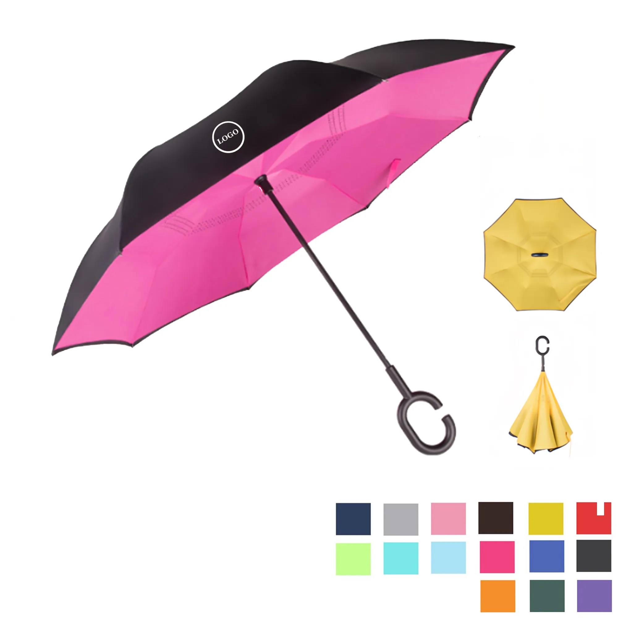 Solid Color Inverted Umbrella With C-Shaped Handle 15