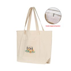 12 oz. Large Natural Heavy Canvas Deluxe Pocket Tote Bag_R115NBT