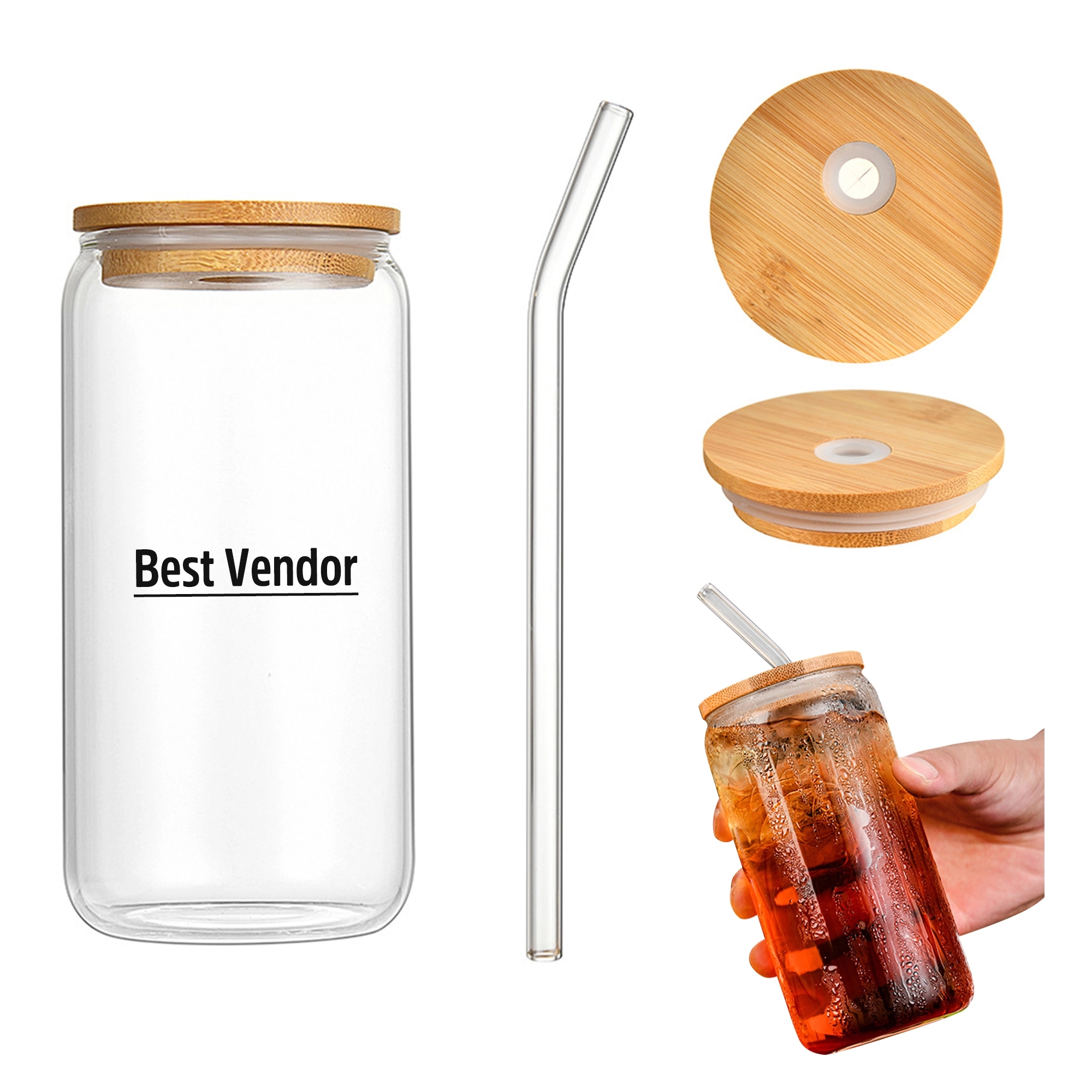 16Oz Pint Glass With Straw & Bamboo Lid 12
