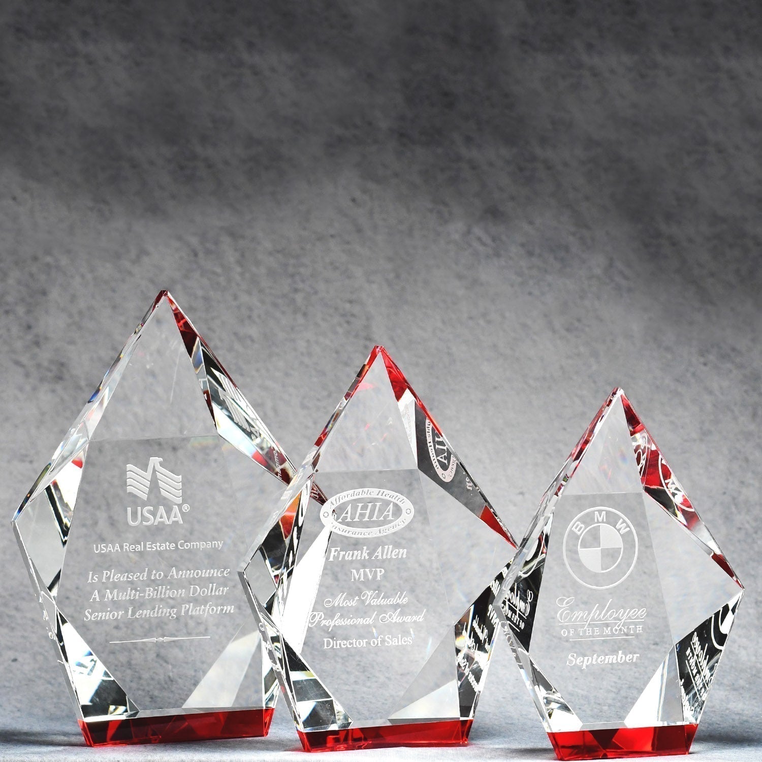8" Clear and Red Multi-faceted elongated hexagon, 1.75" thick