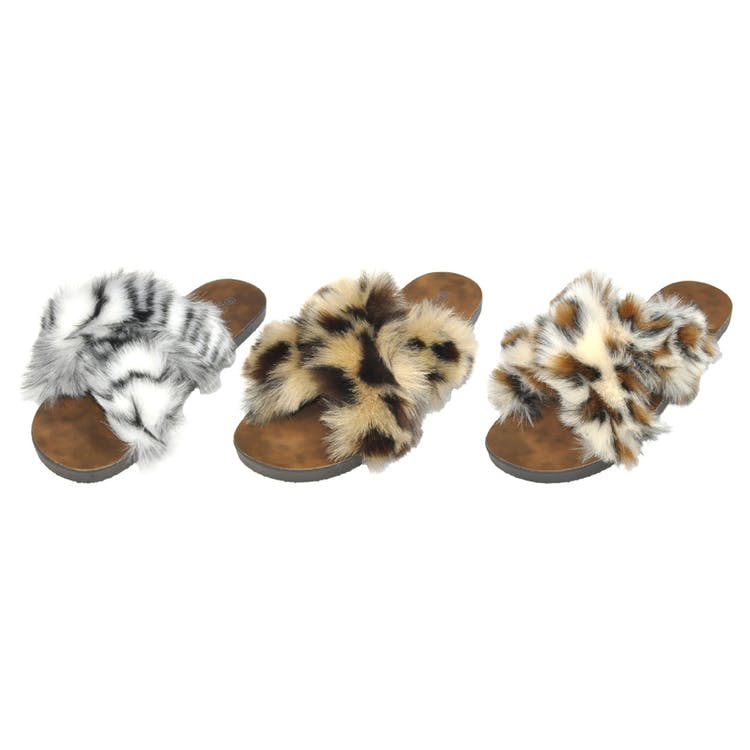 Women's Faux Fur Sandals - Animal Print Assorted 3
