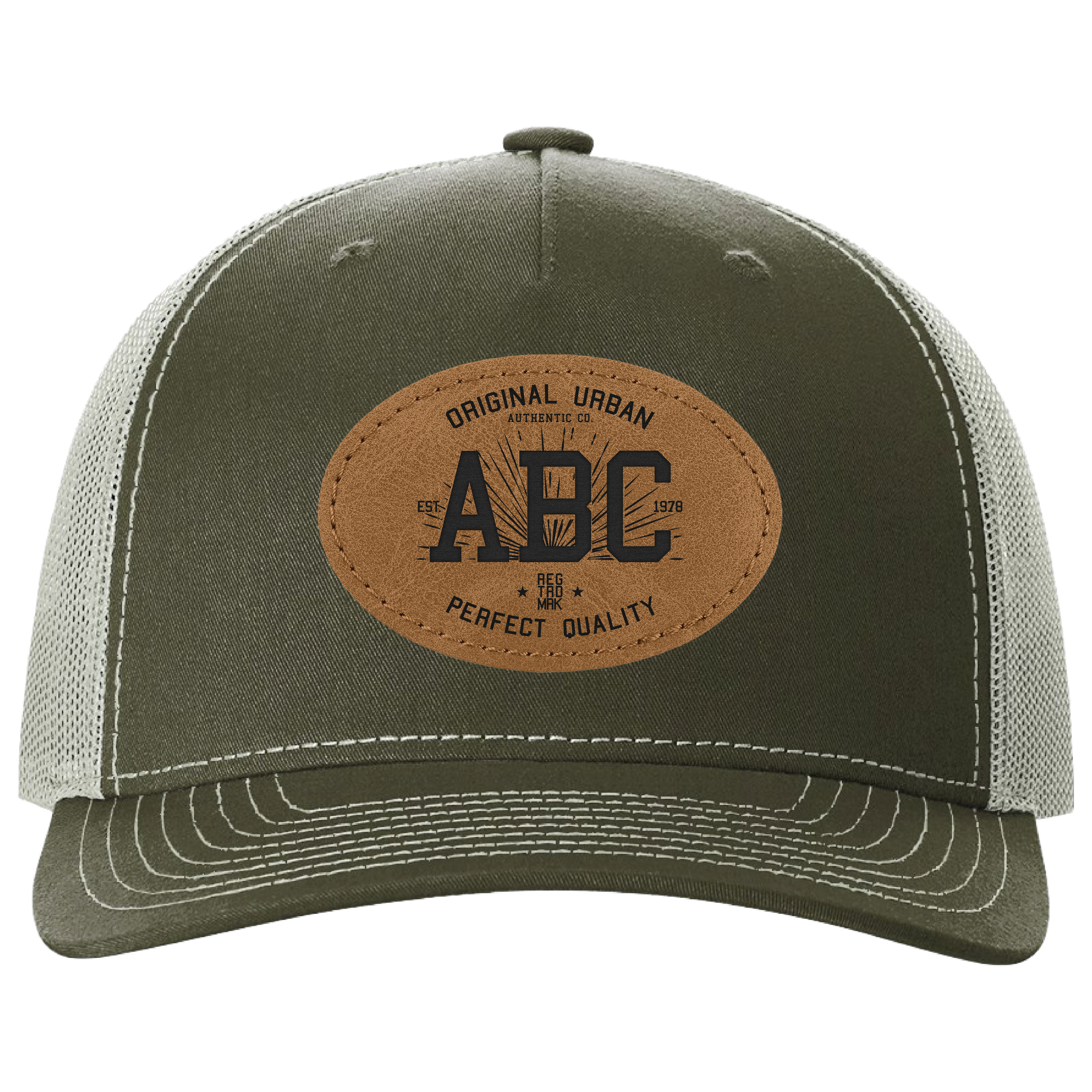 Richardson 112FP 5-Panel Snapback Trucker Hat w/Leatherette Adhesive Patches or Embroidery 64