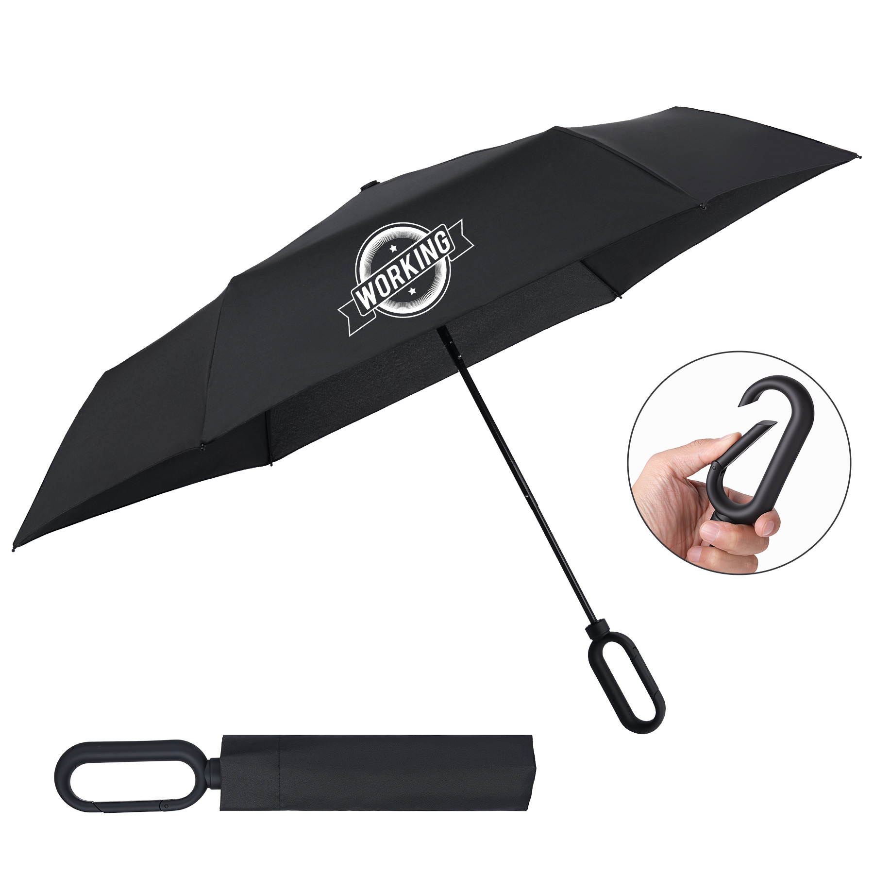42 Inch Arc Folding Compact Umbrella With Carabiner Handle