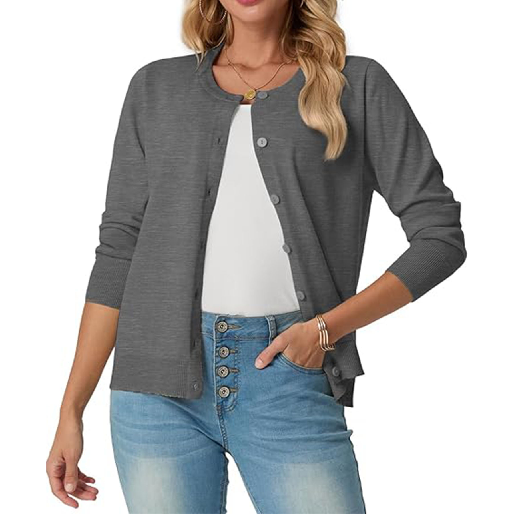 Women's Long Sleeved Lightweight Round Neck Casual Cardigan 44