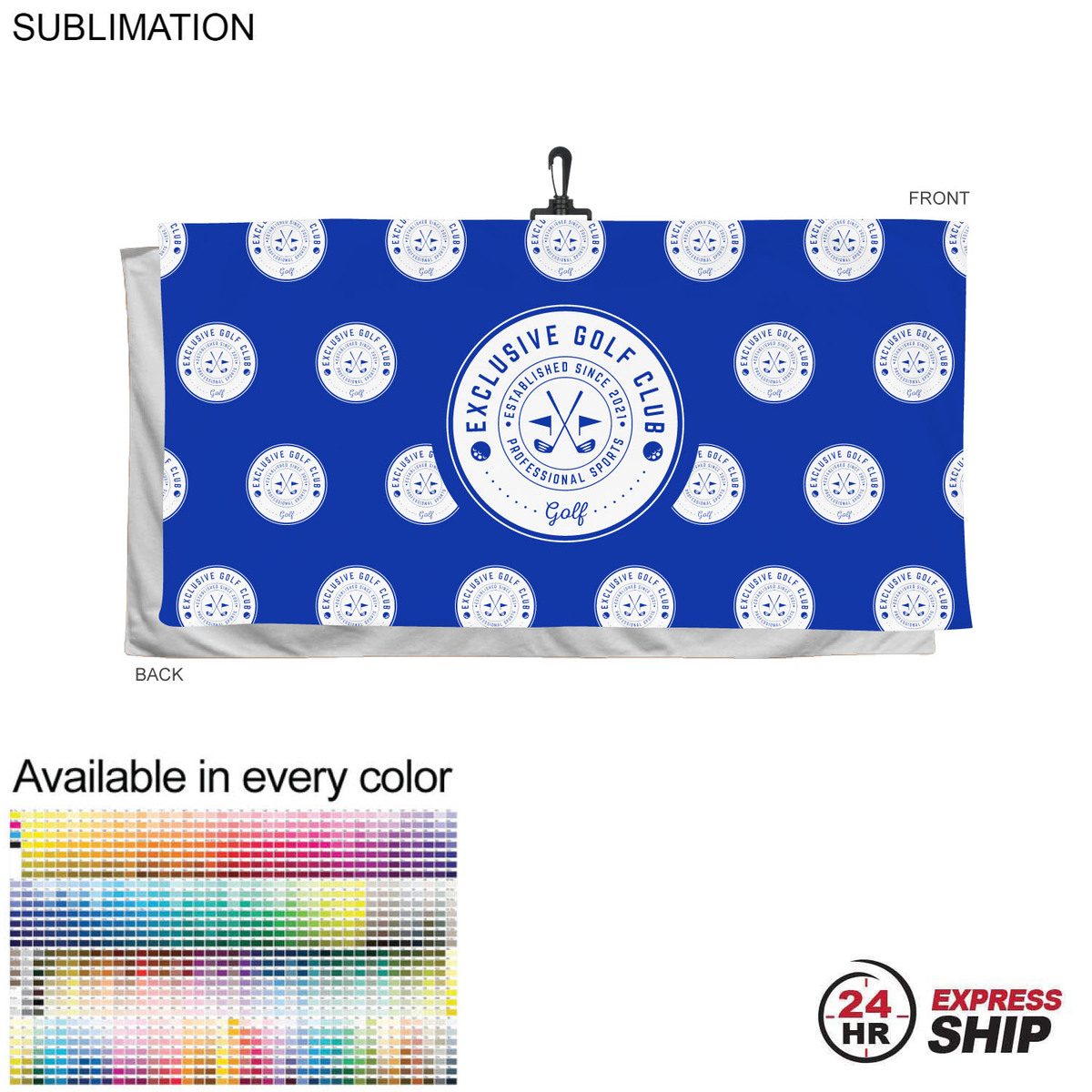 fiel 24 Hr Express Ship - Oversized Golf Towel in Soft Velour Terry 30x60 with Black Hook Sublimated #SU586-31