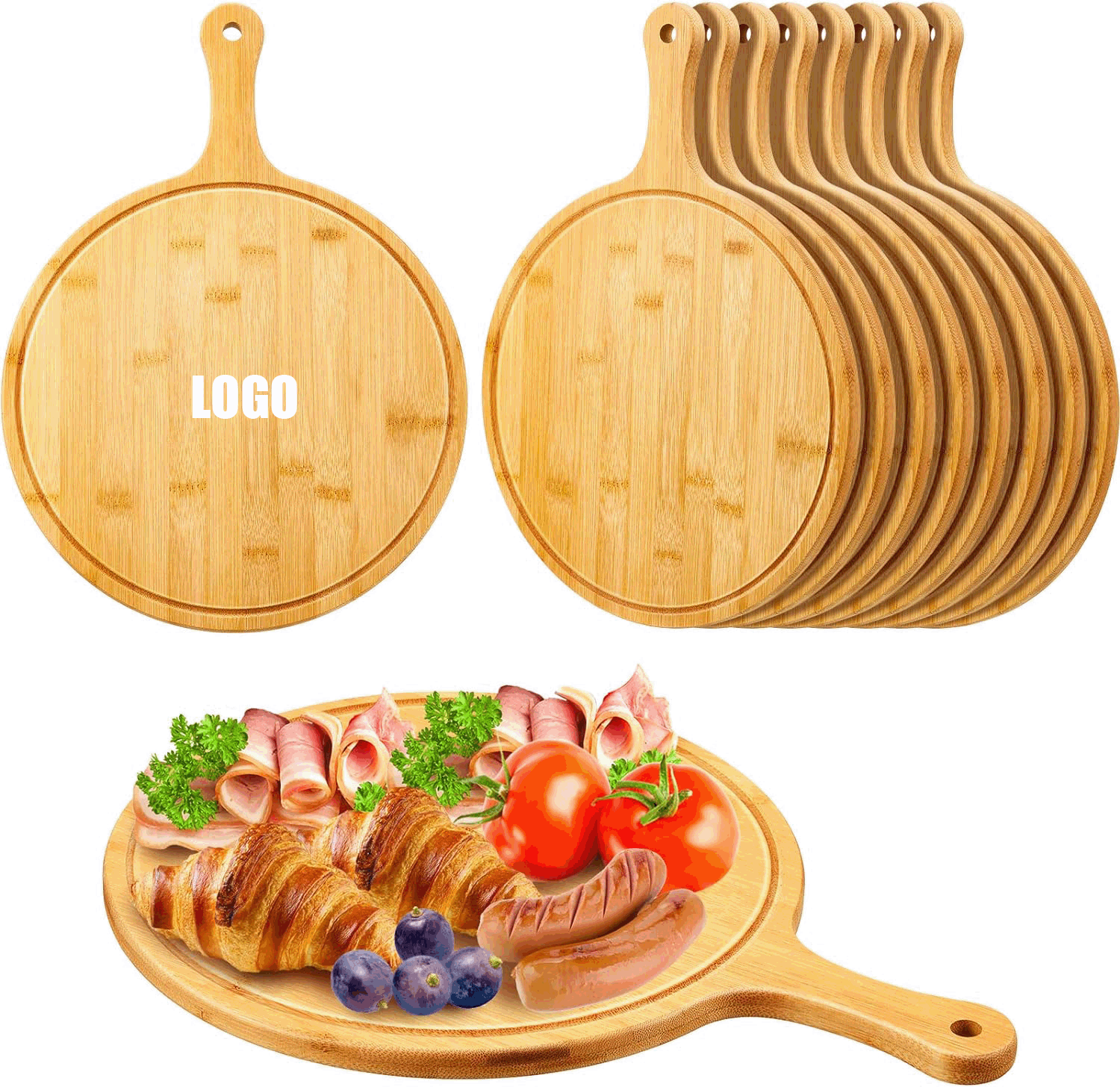 Pizza Cutting Board with Slice Grooves/Round Wood Cutting Board with Handle Wooden Serving Board