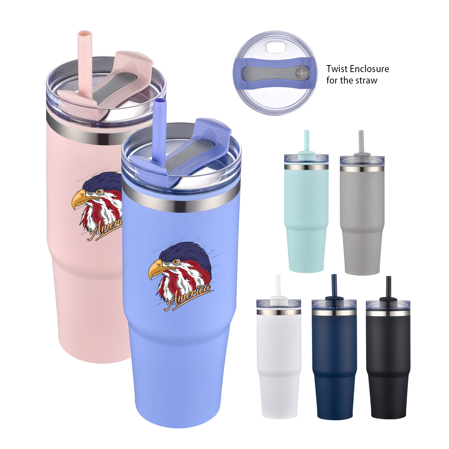 30 oz. PP Inner Double Wall Insulated Travel Mug w/Straw & Twist Closure Lid 18