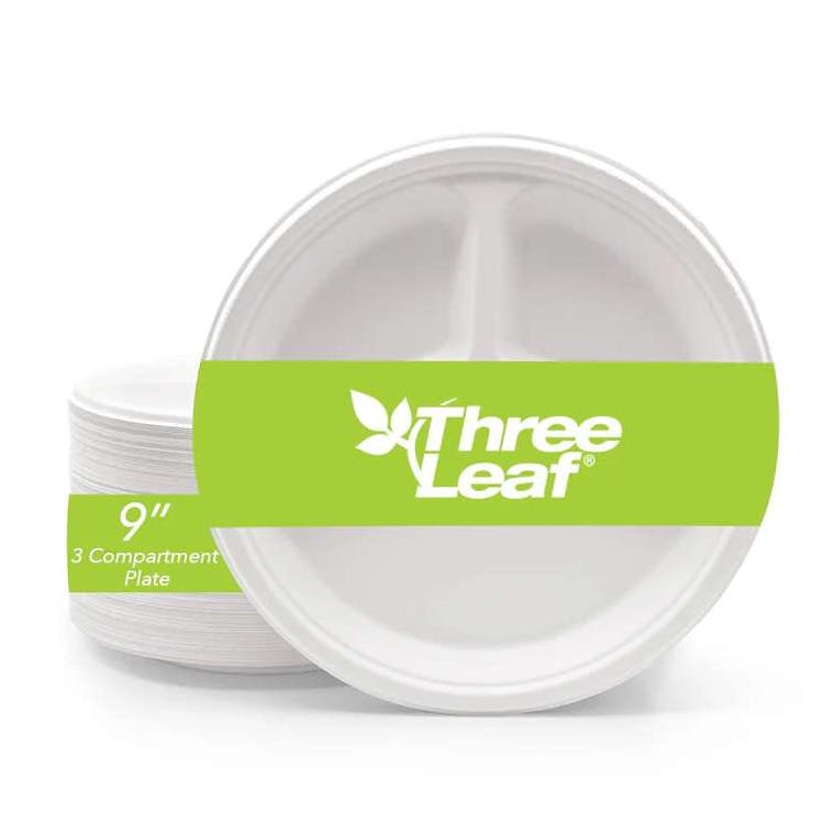 Three Leaf 9" 3 Compartment Bagasse Round Plates 25 Pack 3