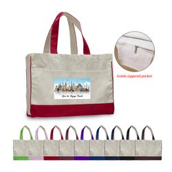 12 oz. Cotton Canvas Self Fabric Handles Tote Bag/w inside zipper pocket_R114BT