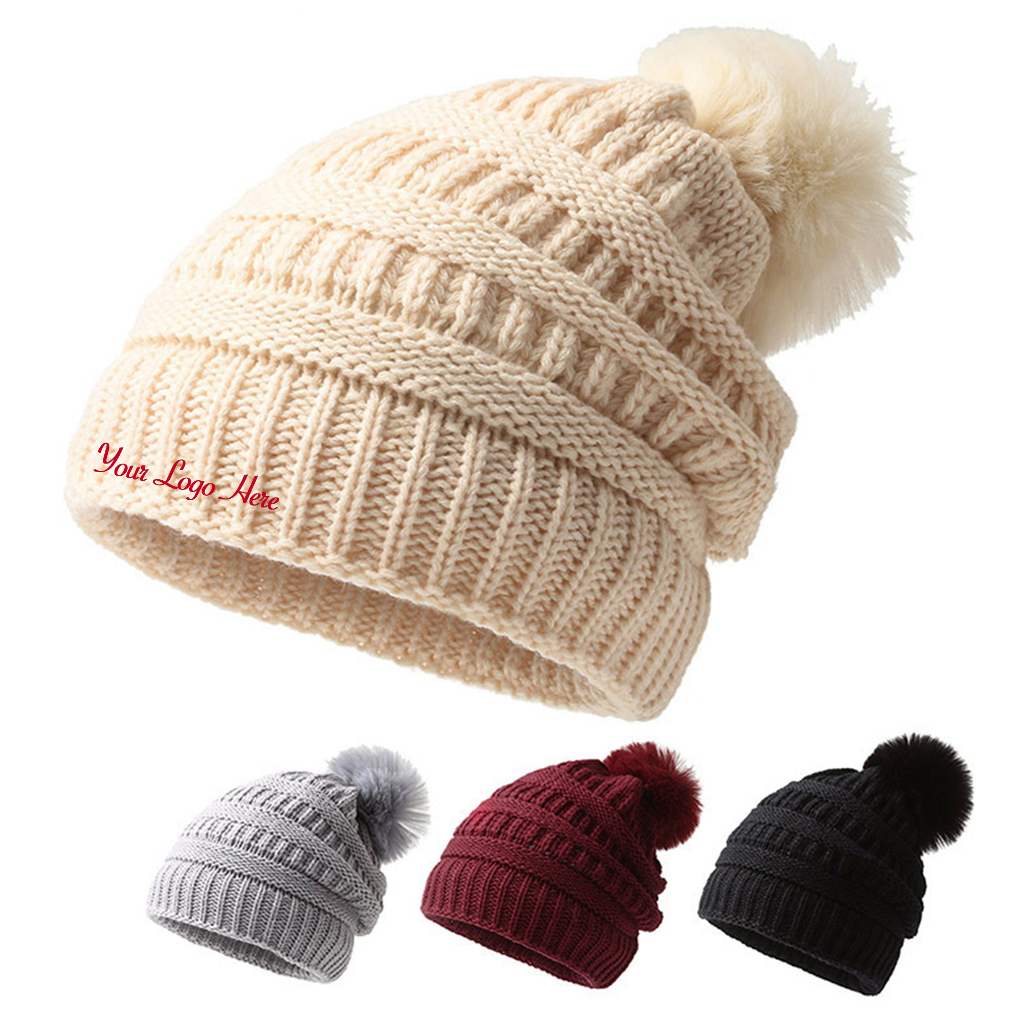 Women Knit Slouchy Beanie with Fur Pompom 4