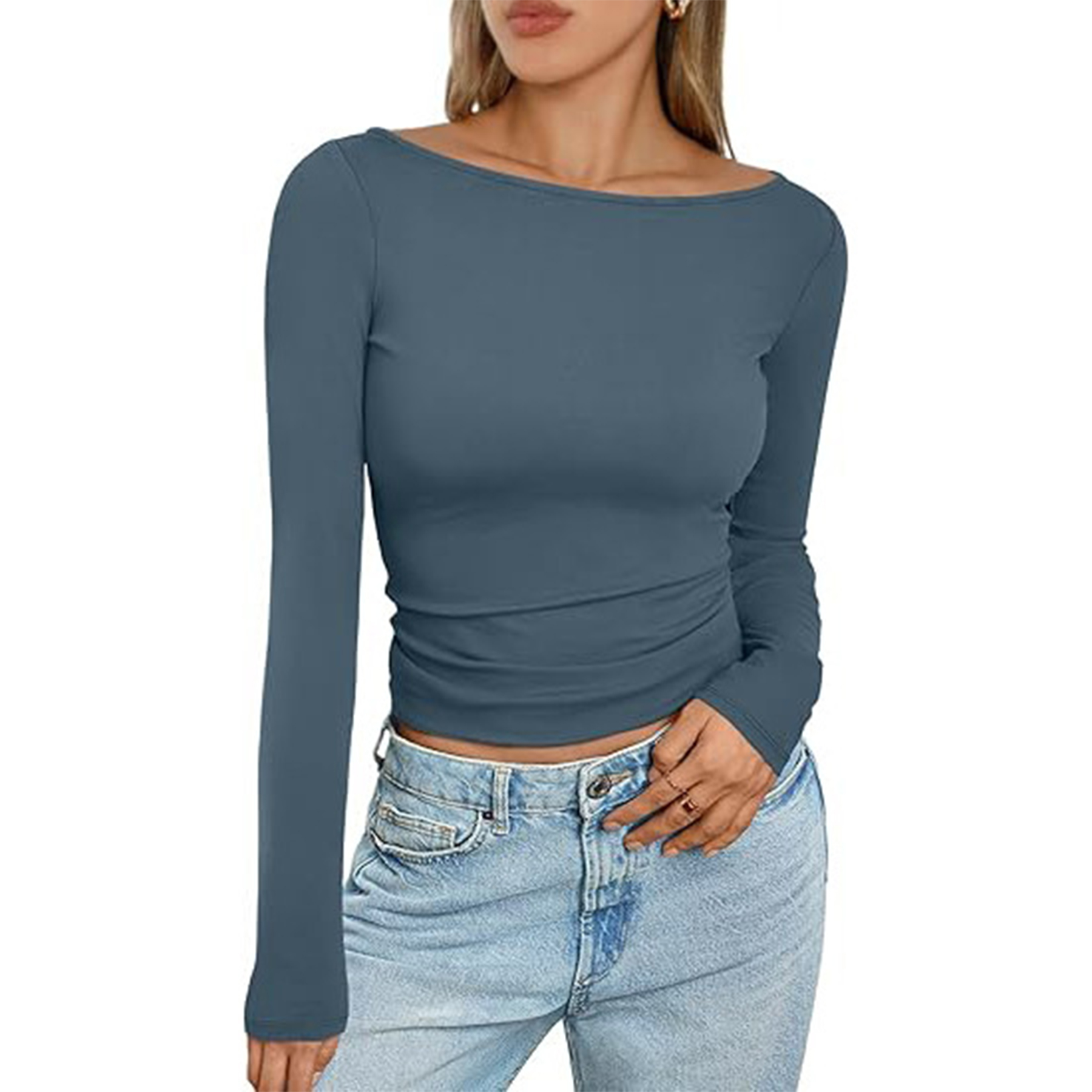 Women Boat Neck Long Sleeve Shirt 55