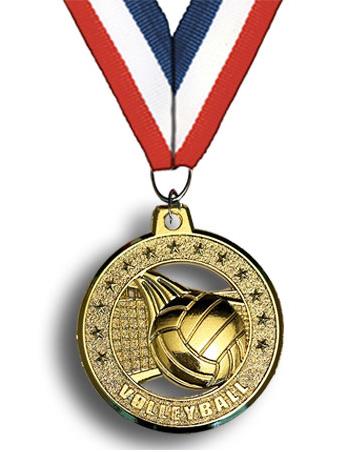 Medallion: 2" Circle Cut Out Volleyball Gold wit