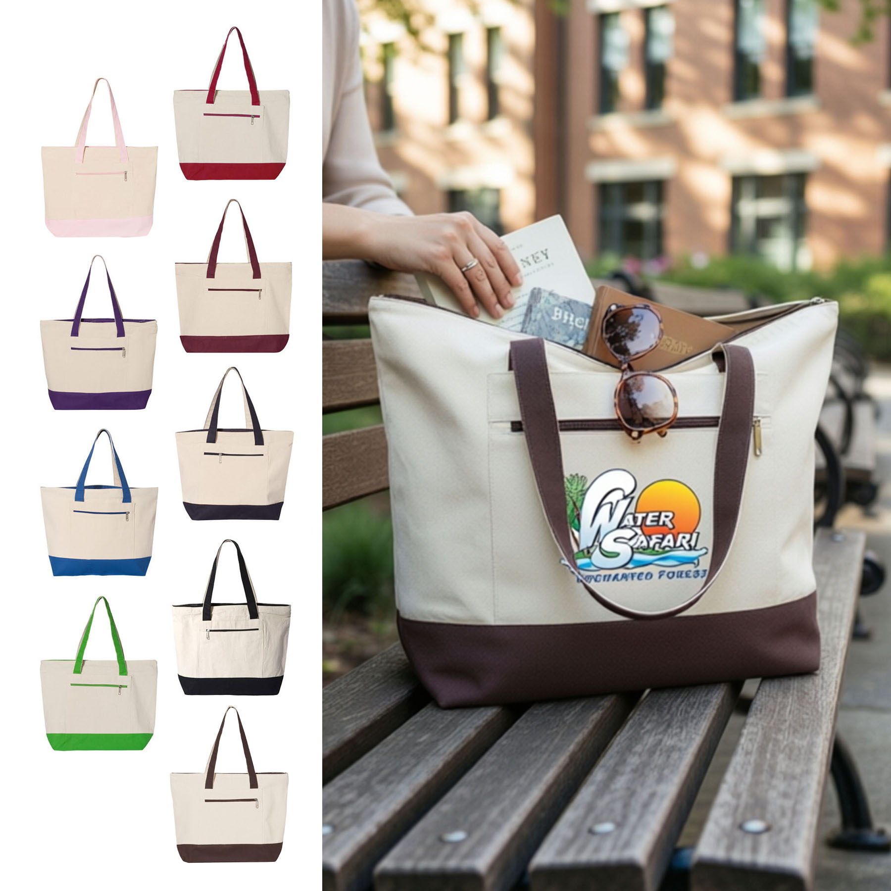 12 oz. Heavy Cotton Canvas Two Tone Zippered Tote Bag-Low MOQ 30 & 9 Colors