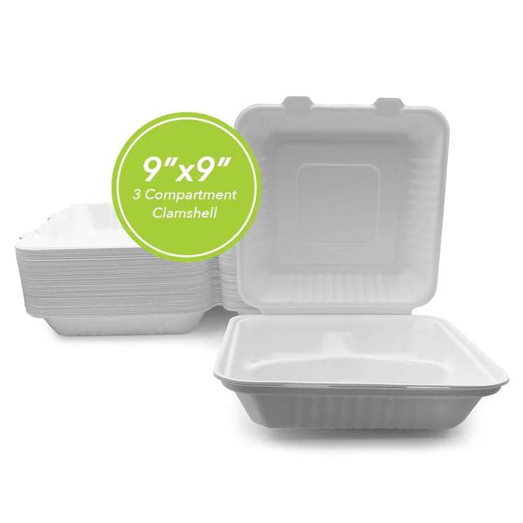 Three Leaf 9"x9" 3 Compartment Bagasse Clamshell 100 Pack 3
