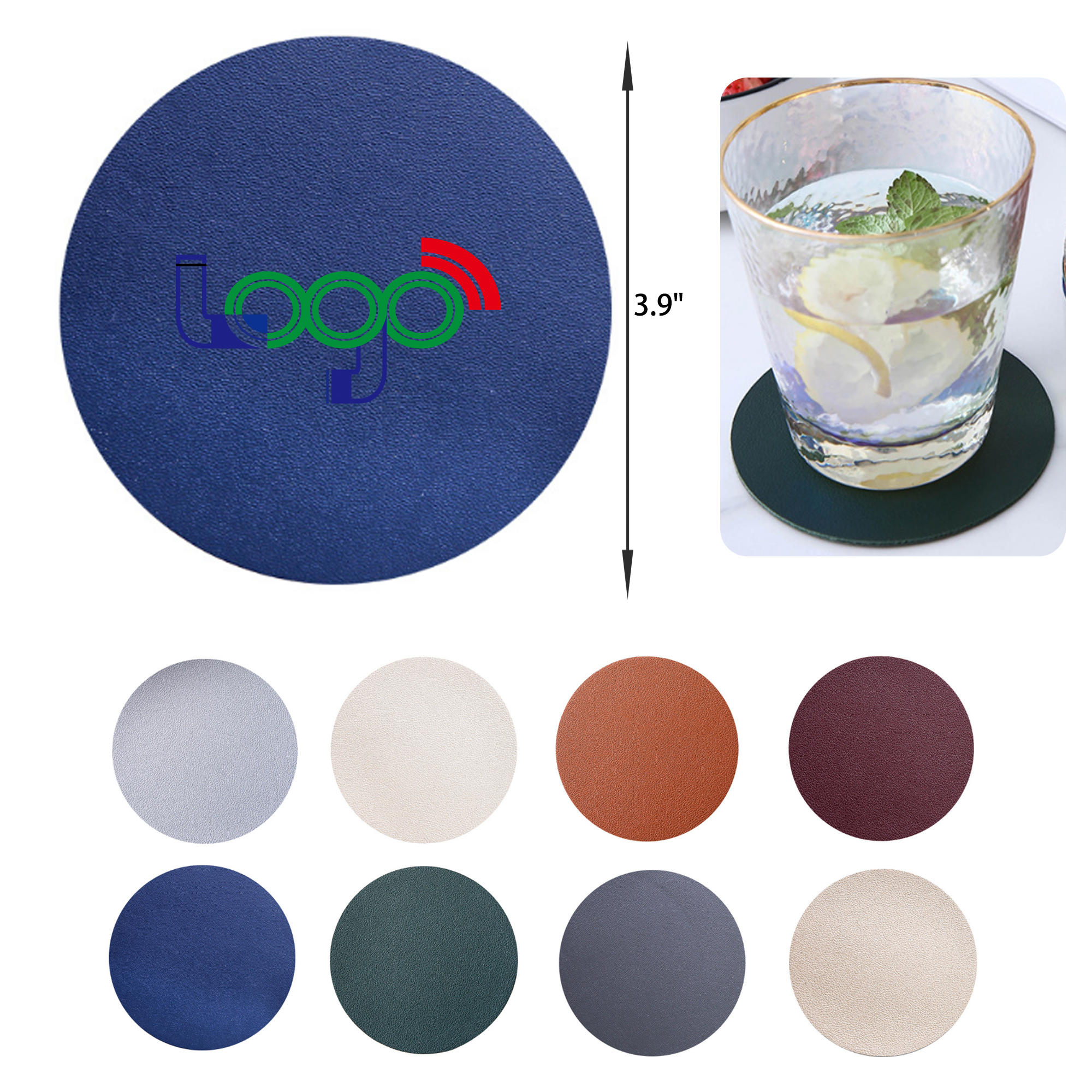 MOQ 50 PCS Durable Solid Color Round PU Leather Coaster
