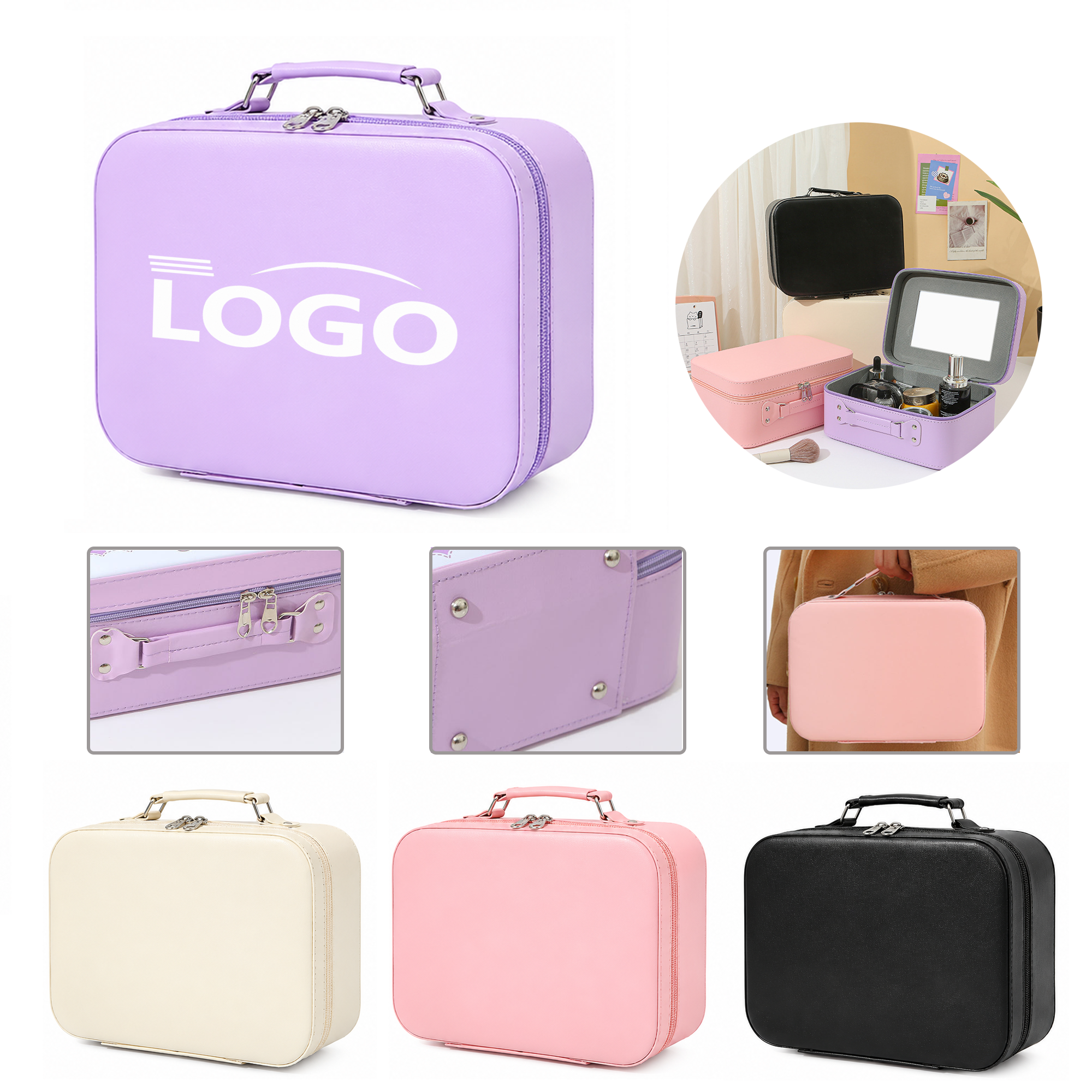 PU Vanity Carry Case With Mirror And Zip Closure MOQ20 2