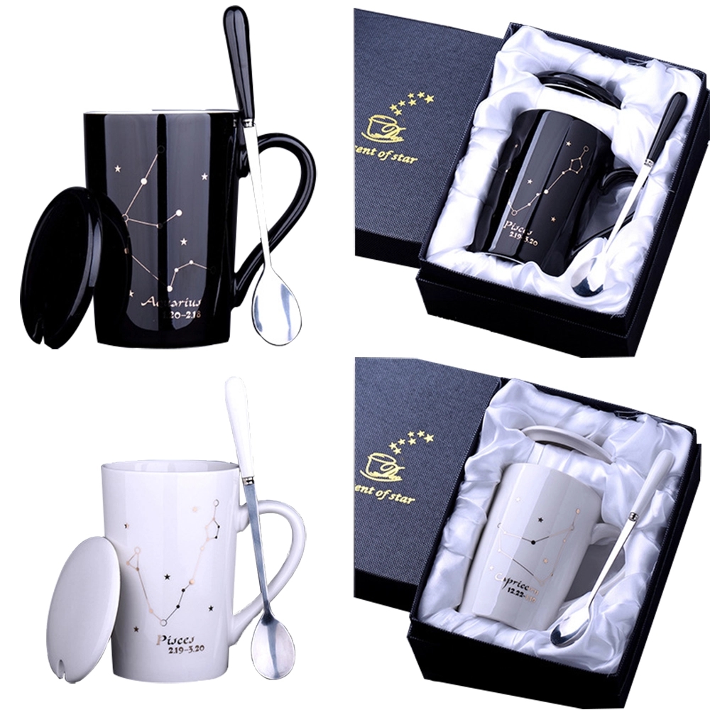 14 OZ Ceramic Cup Set with Lid & Spoon&Gift Box