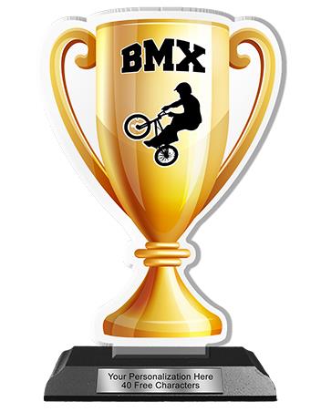 Acrylic Trophy: 6" Cup, BMX Design, 3x5" Bla