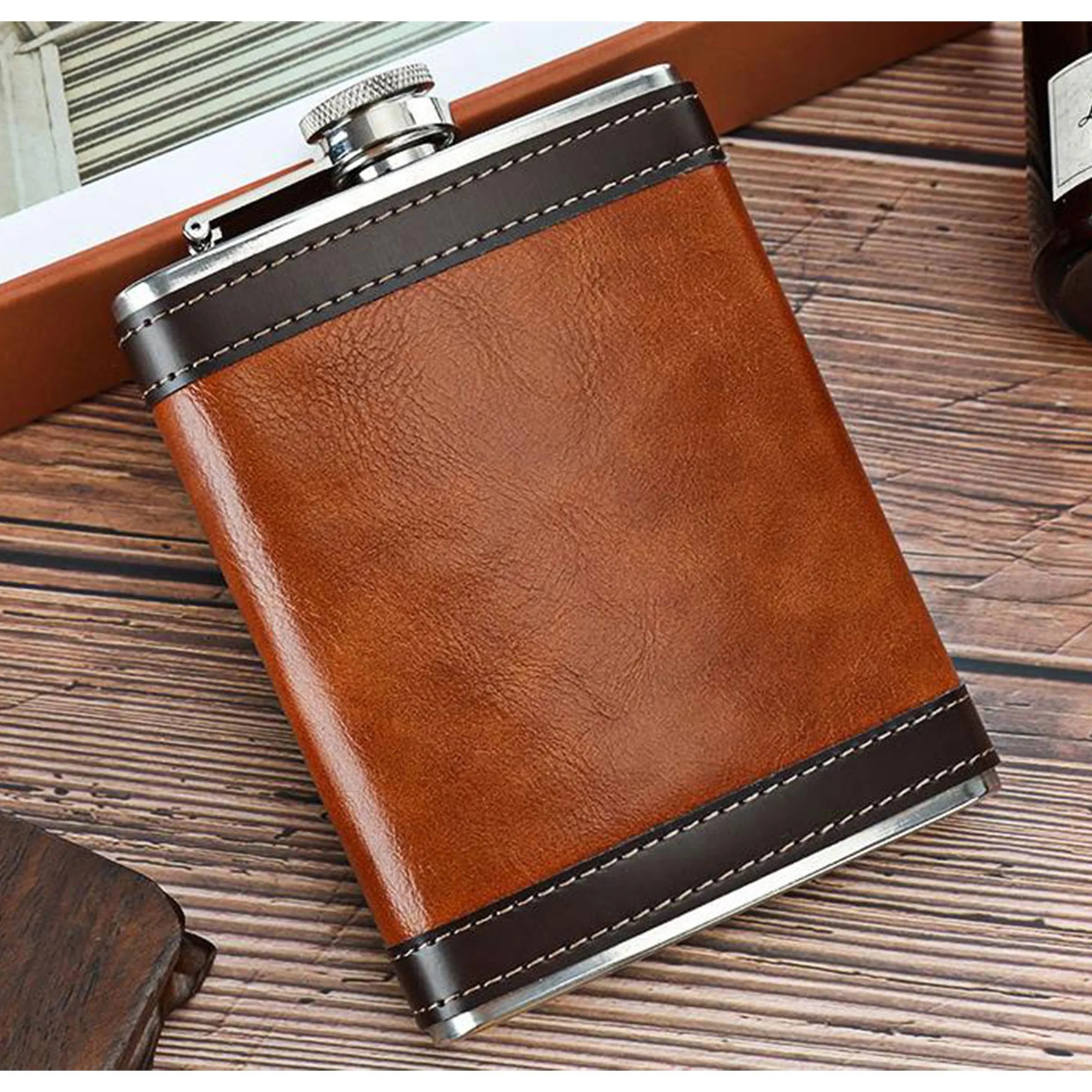 8 oz. Leather Wrapped Stainless Steel Flask, custom water bottle with logo imprint 8