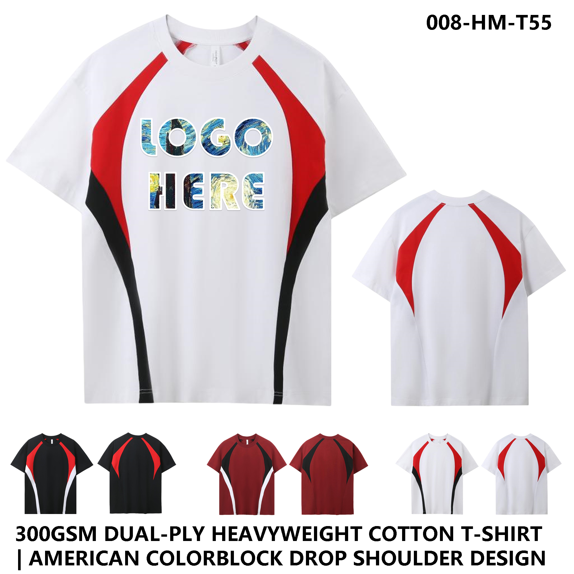 300g Double Yarn Heavyweight Cotton Tee - American Patchwork Unisex Drop Shoulder 3