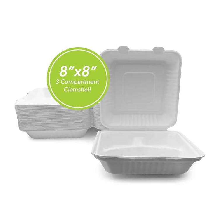 Three Leaf 8"x8" 3 Compartment Bagasse Clamshell 50 Pack 3