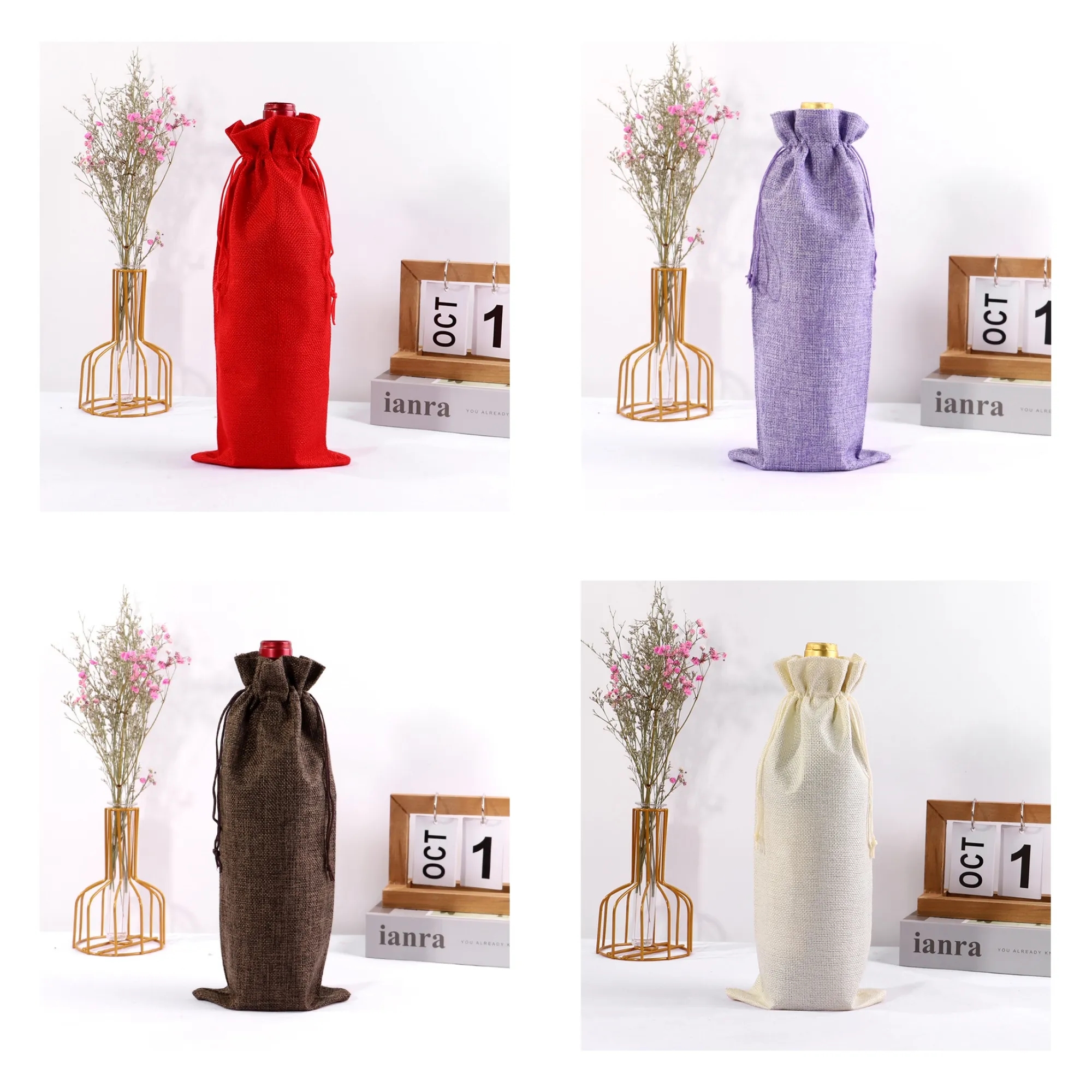 Full Color Drawstring Linen Wine Bottle Bag 12