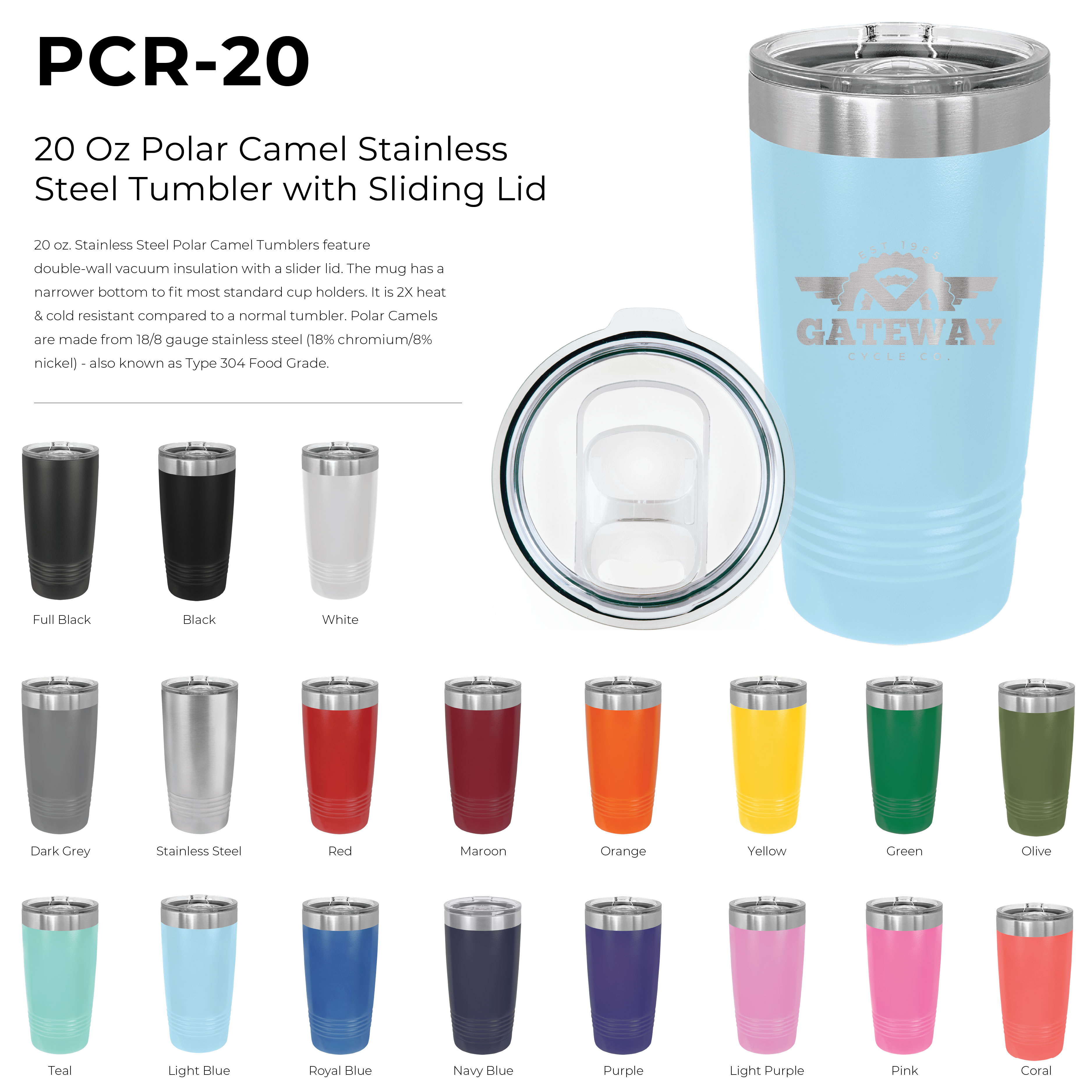 20 Oz Polar Camel Stainless Steel Tumbler with Sliding Lid 120