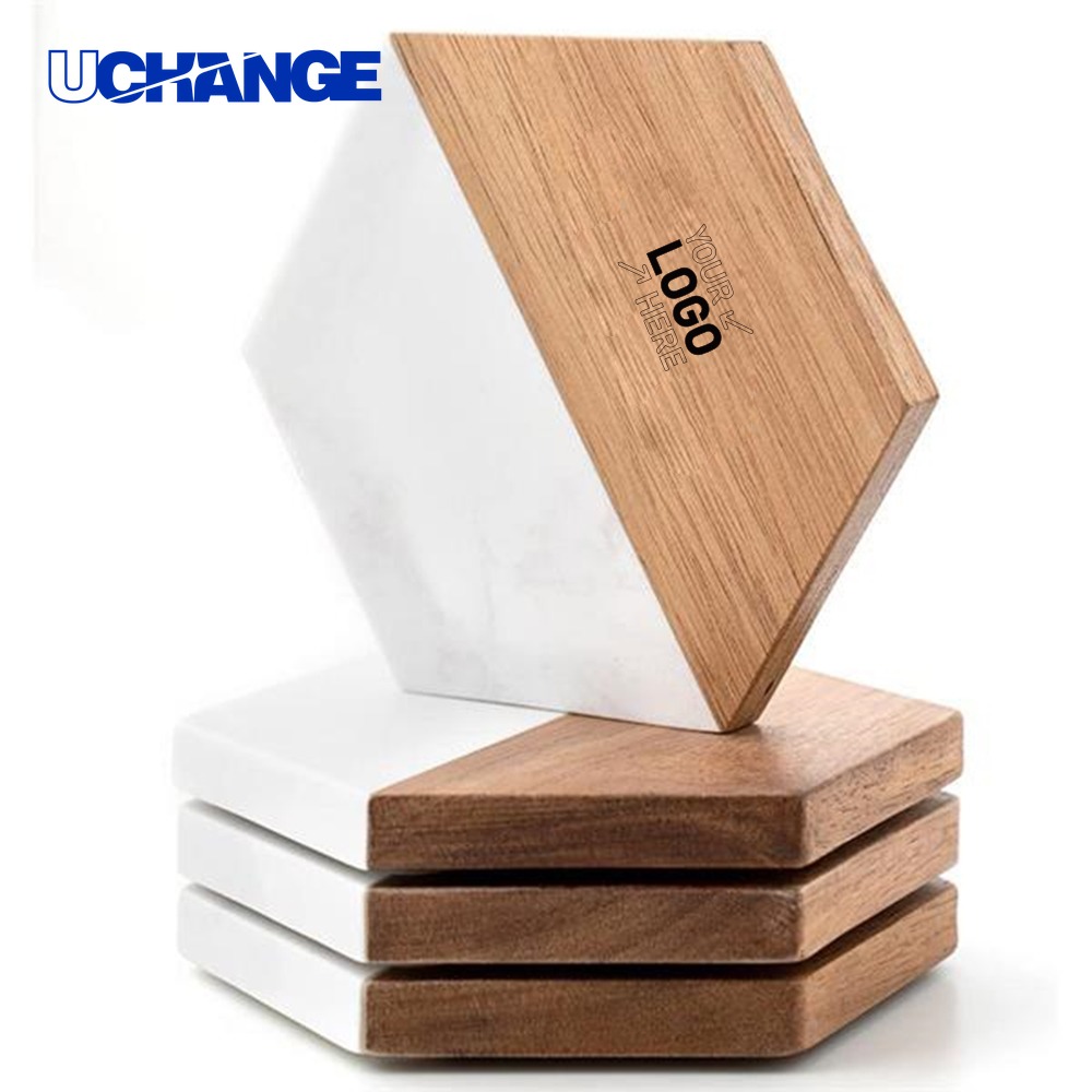 Acacia Wood and Marble Hexagon Coasters Set