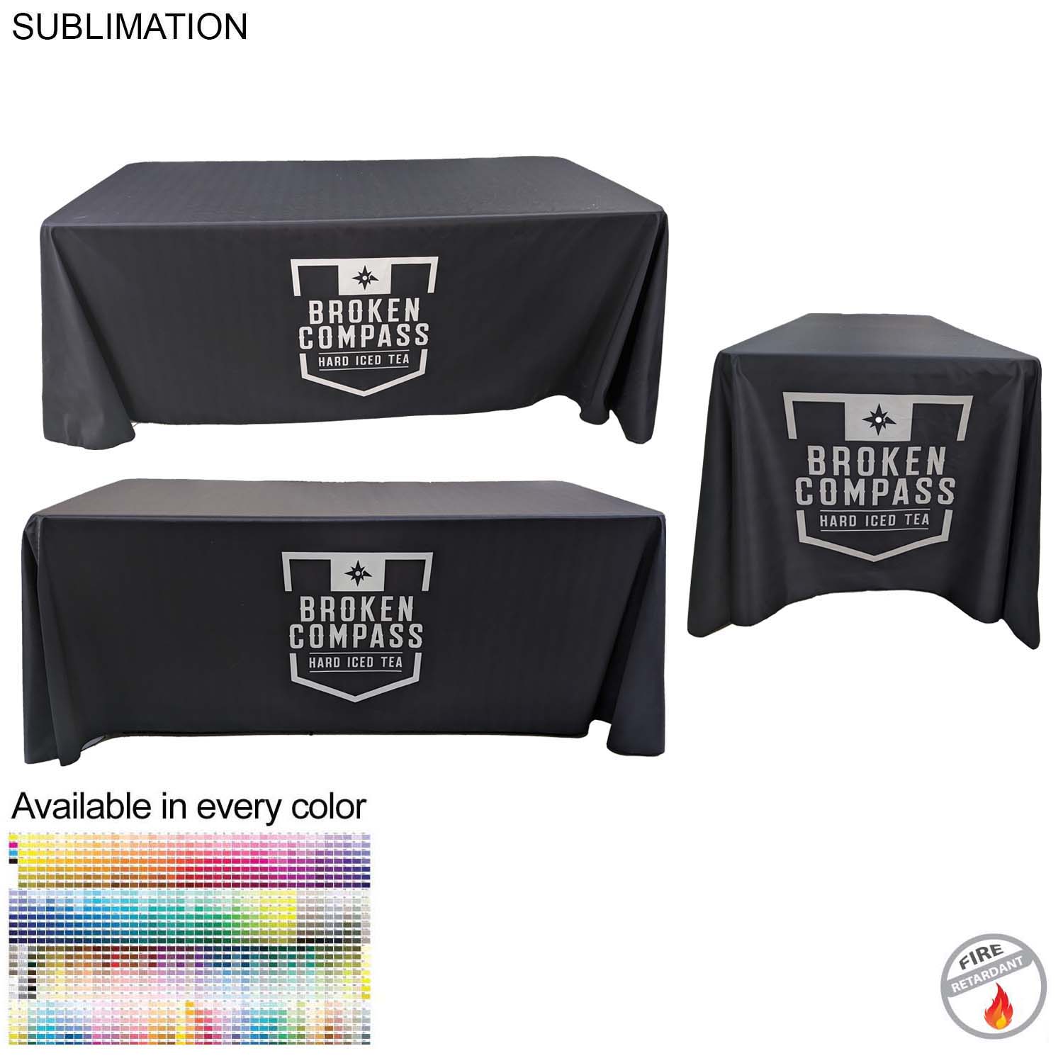 Sublimated PREMIUM Table Cloth for 6' table, Drape style, 4 sided, Closed Back, Rounded Corners 14