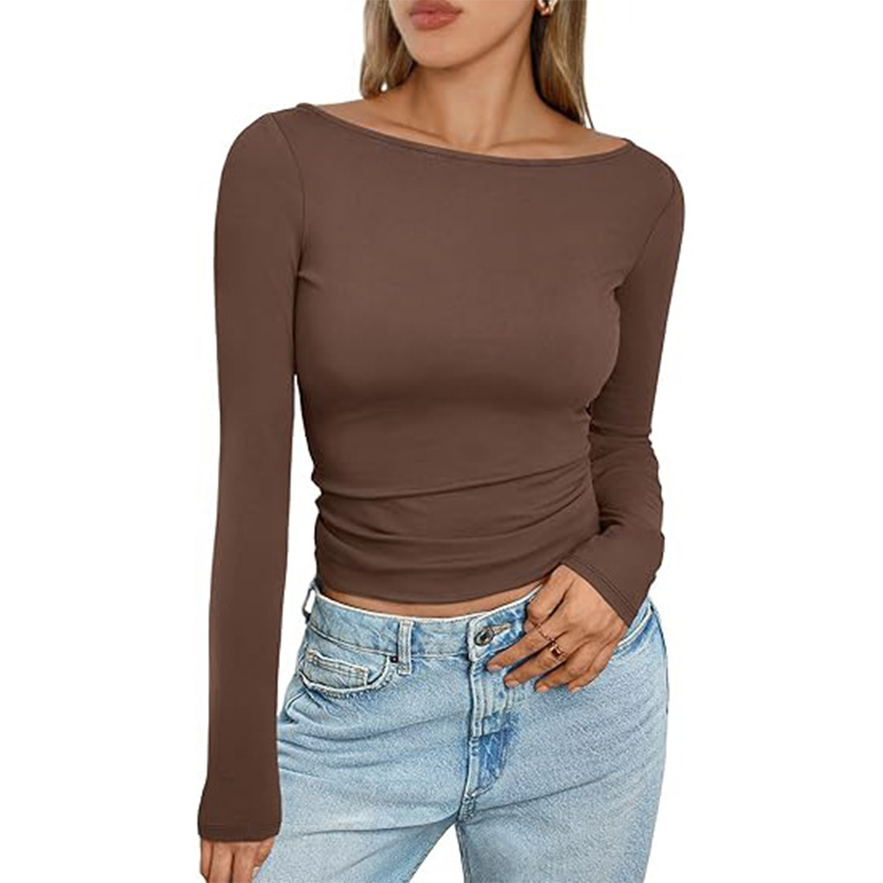 Women Boat Neck Long Sleeve Shirt 57