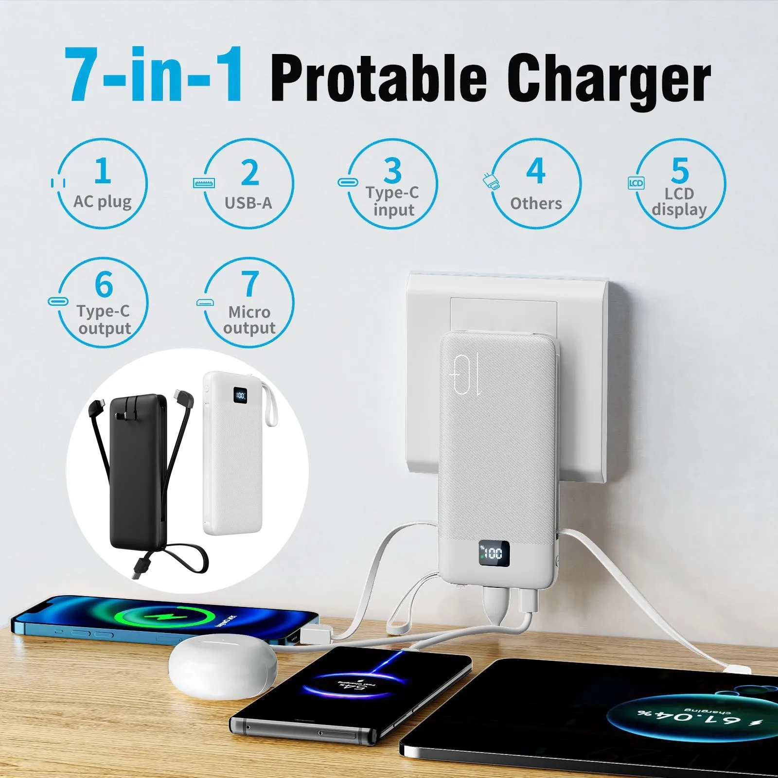 10000mAh Power Bank with Built-in Cables and AC Wall Plug 12