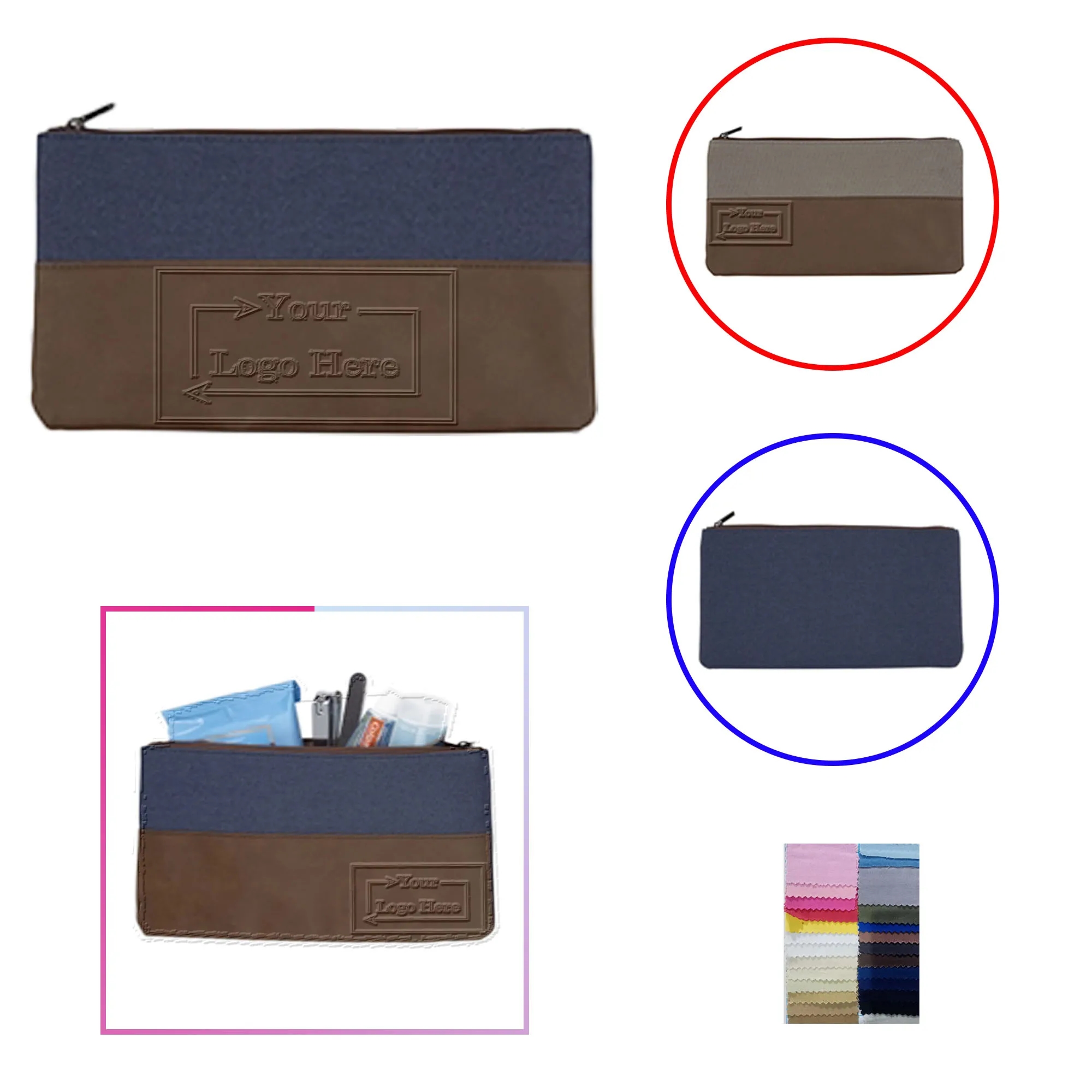 Debossed Handy Bombay PU Leather Cotton Canvas Zipper Pouch 5