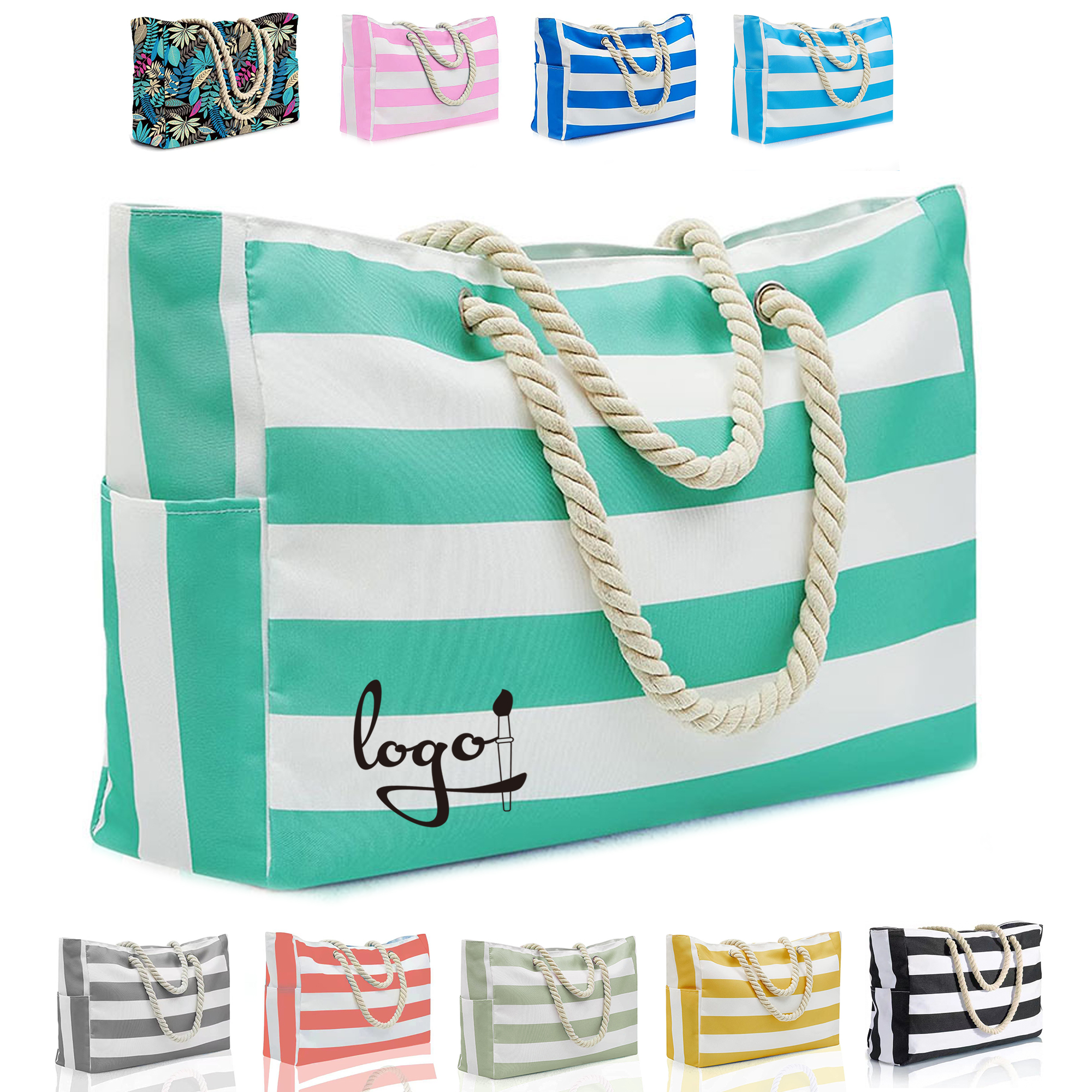 MOQ20 Striped Canvas Beach Tote With Rope Handle, custom tote bag with logo imprint 3