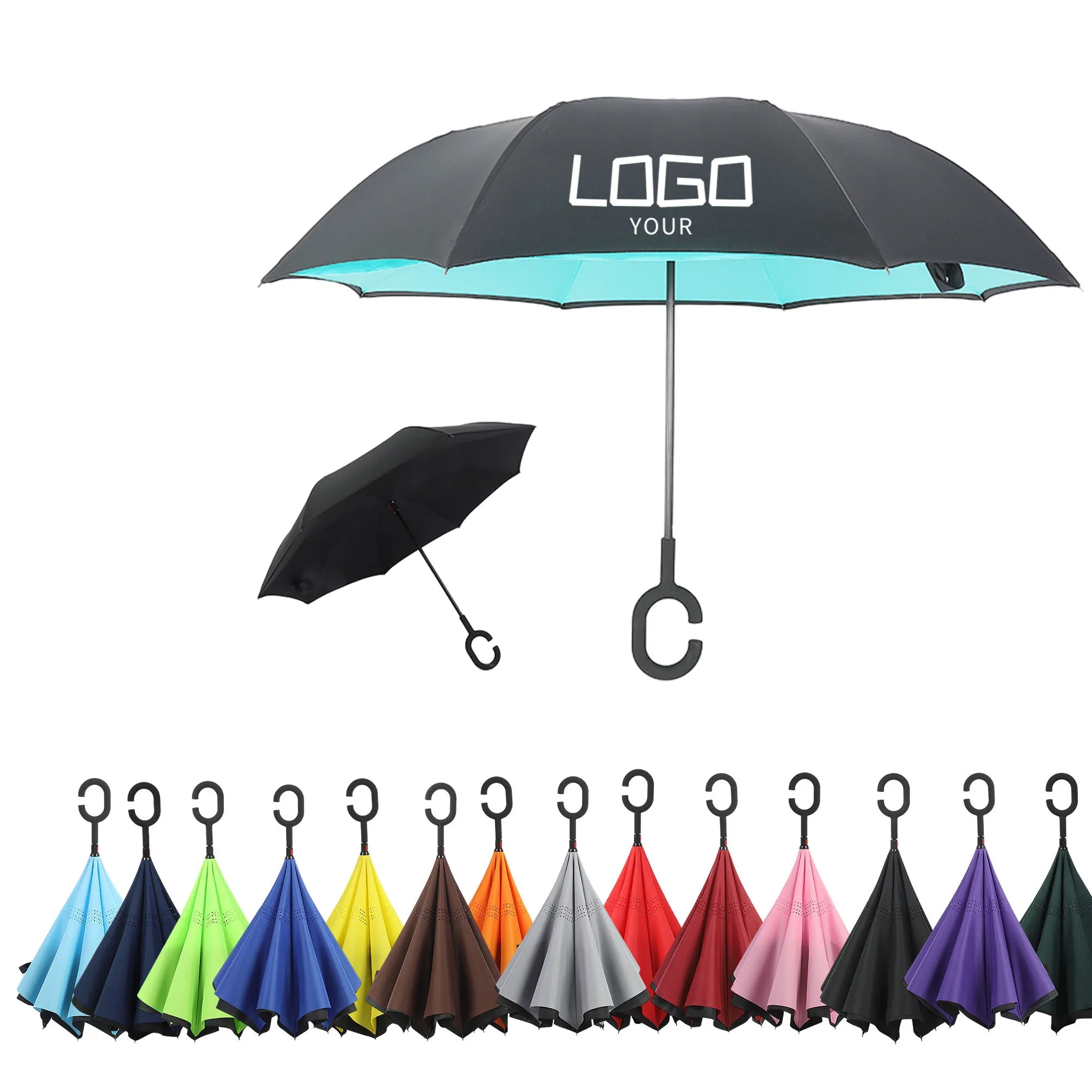 Portable Double Layer Inverted C Handle Reverse Umbrella