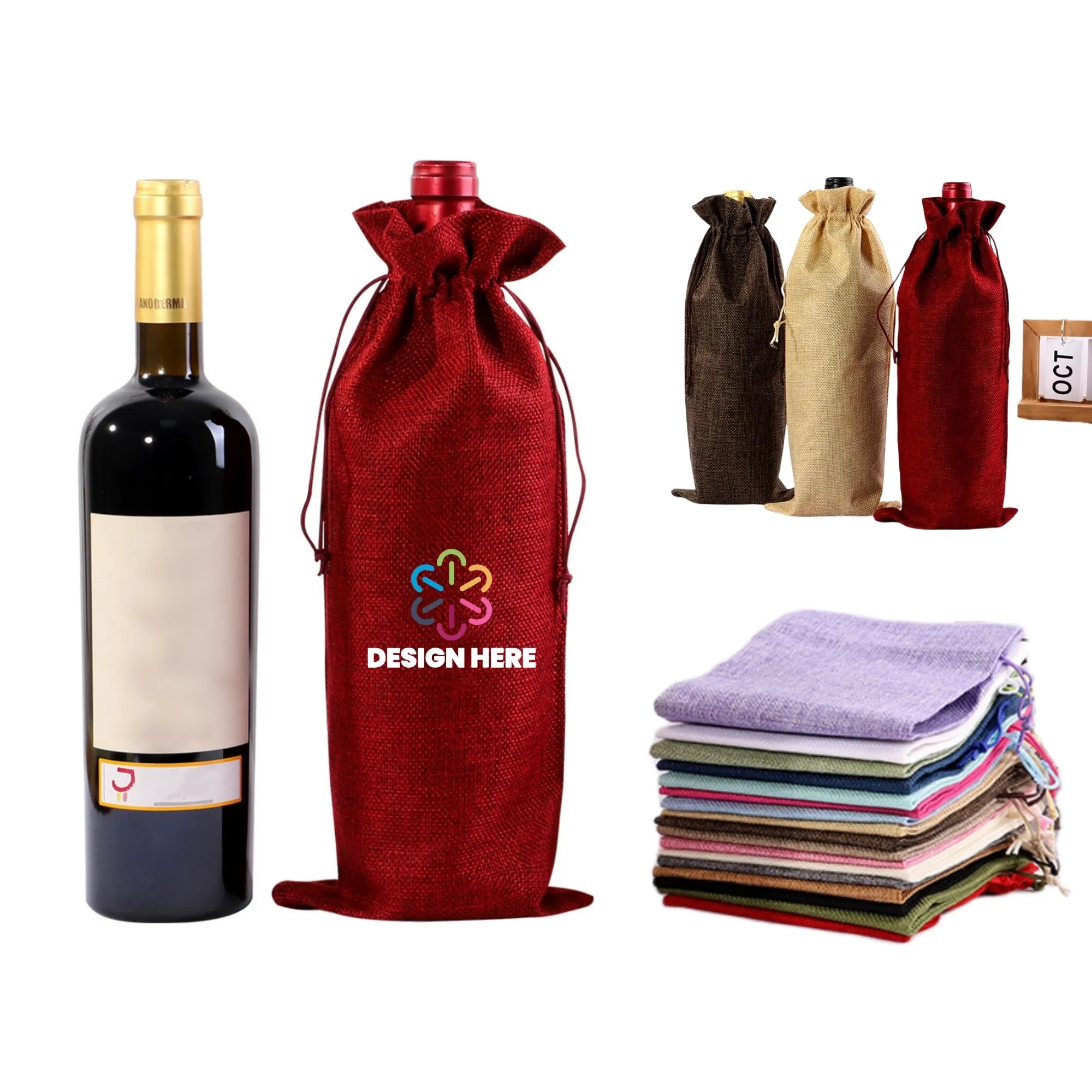 Full Color Drawstring Linen Wine Bottle Bag 11