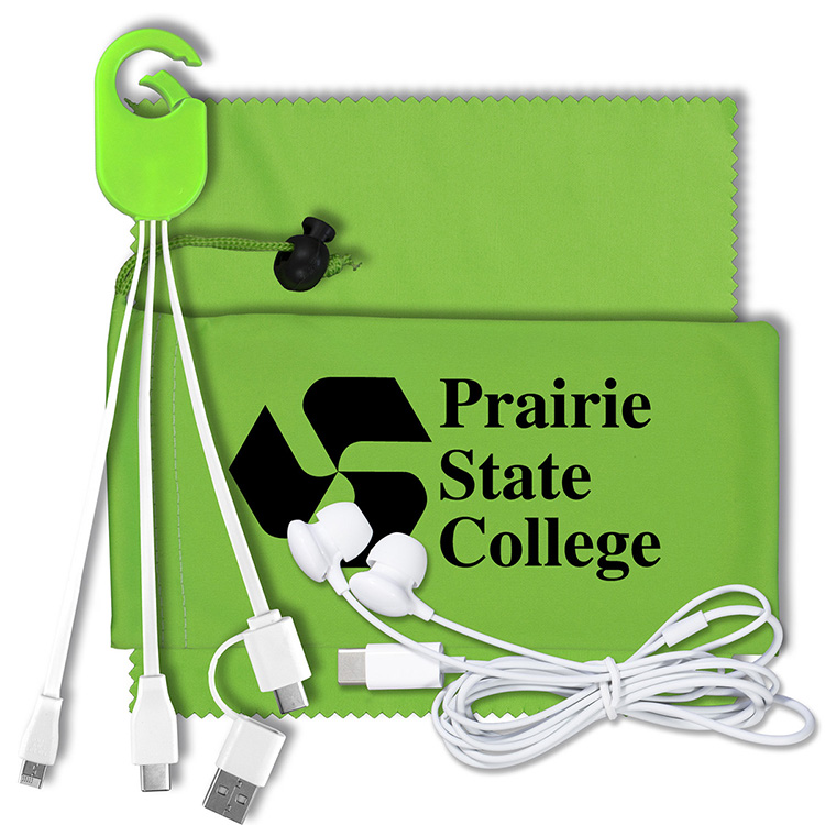 Mobile Tech Charging Kit with Earbuds in Microfiber Cinch Pouch Components inserted into Microfiber 16