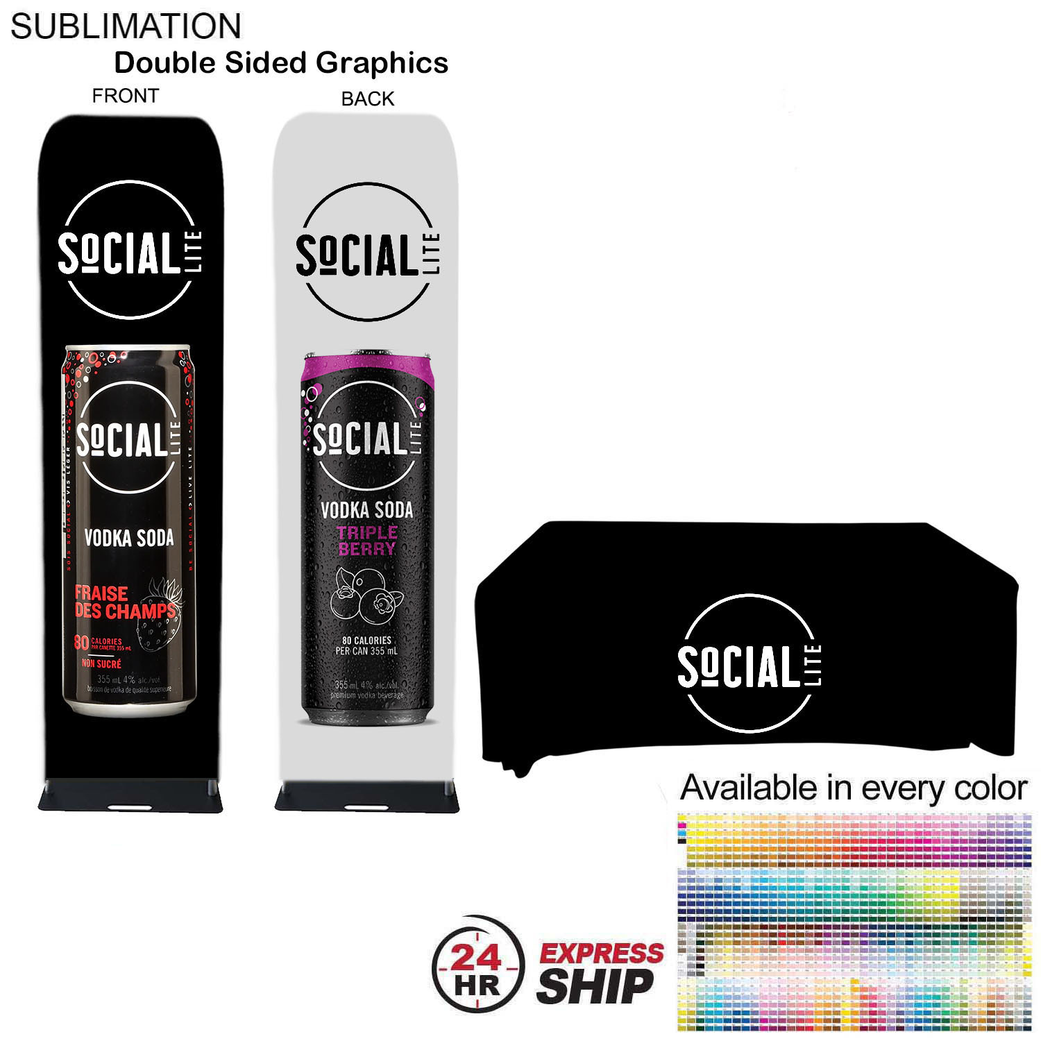 24Hr Express Ship - Event package, 2'W Fabric banner and Premium 6' tablecloth open back 9