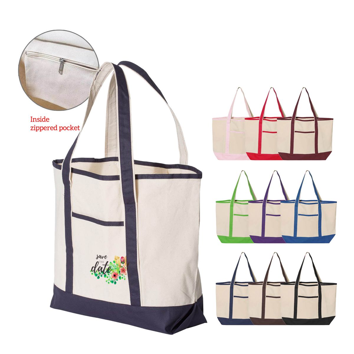 12 oz. Large Heavy Canvas Deluxe Pocket Tote Bag_R115BT