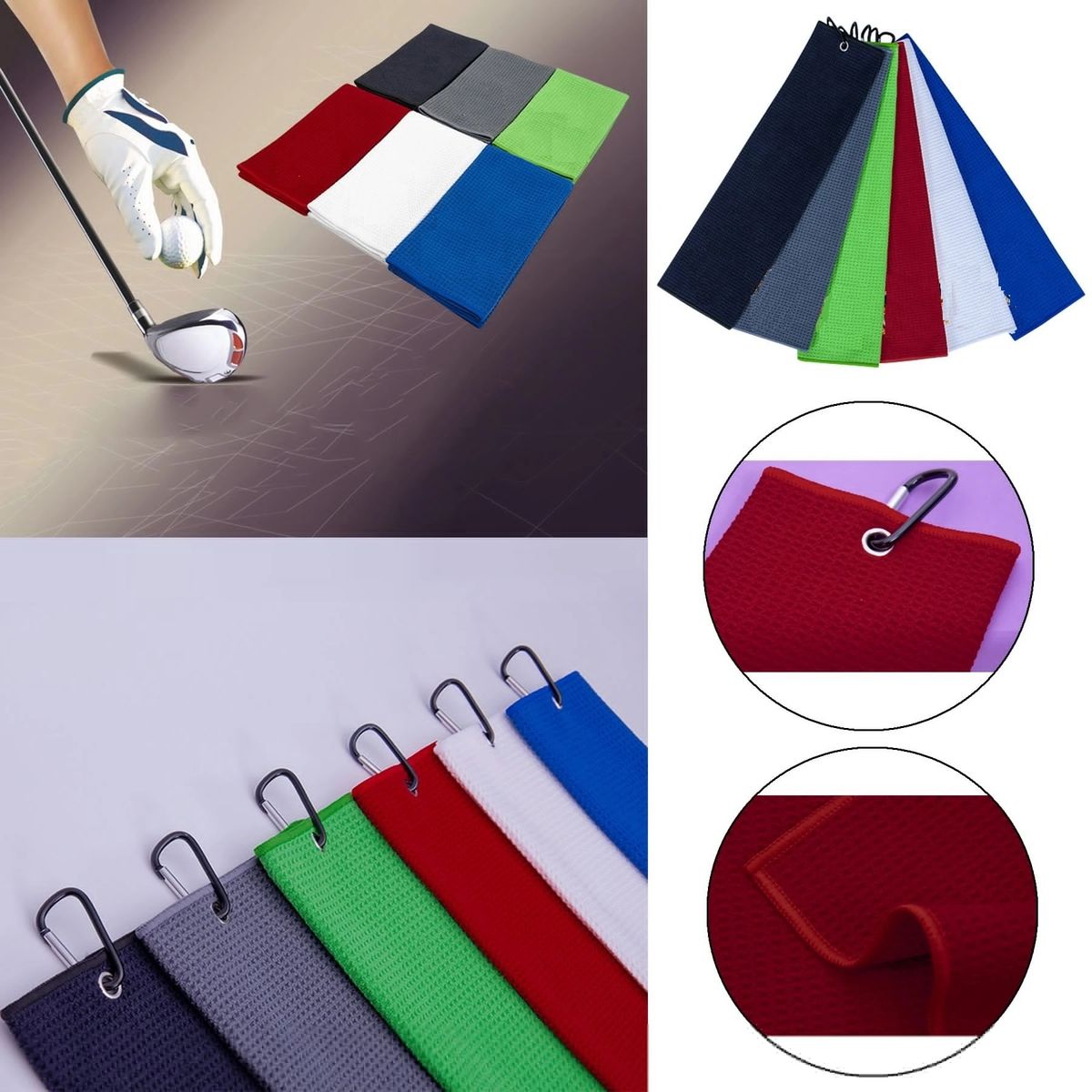 Microfiber Waffle Pattern Tri-fold Golf Towel W/Carabiner