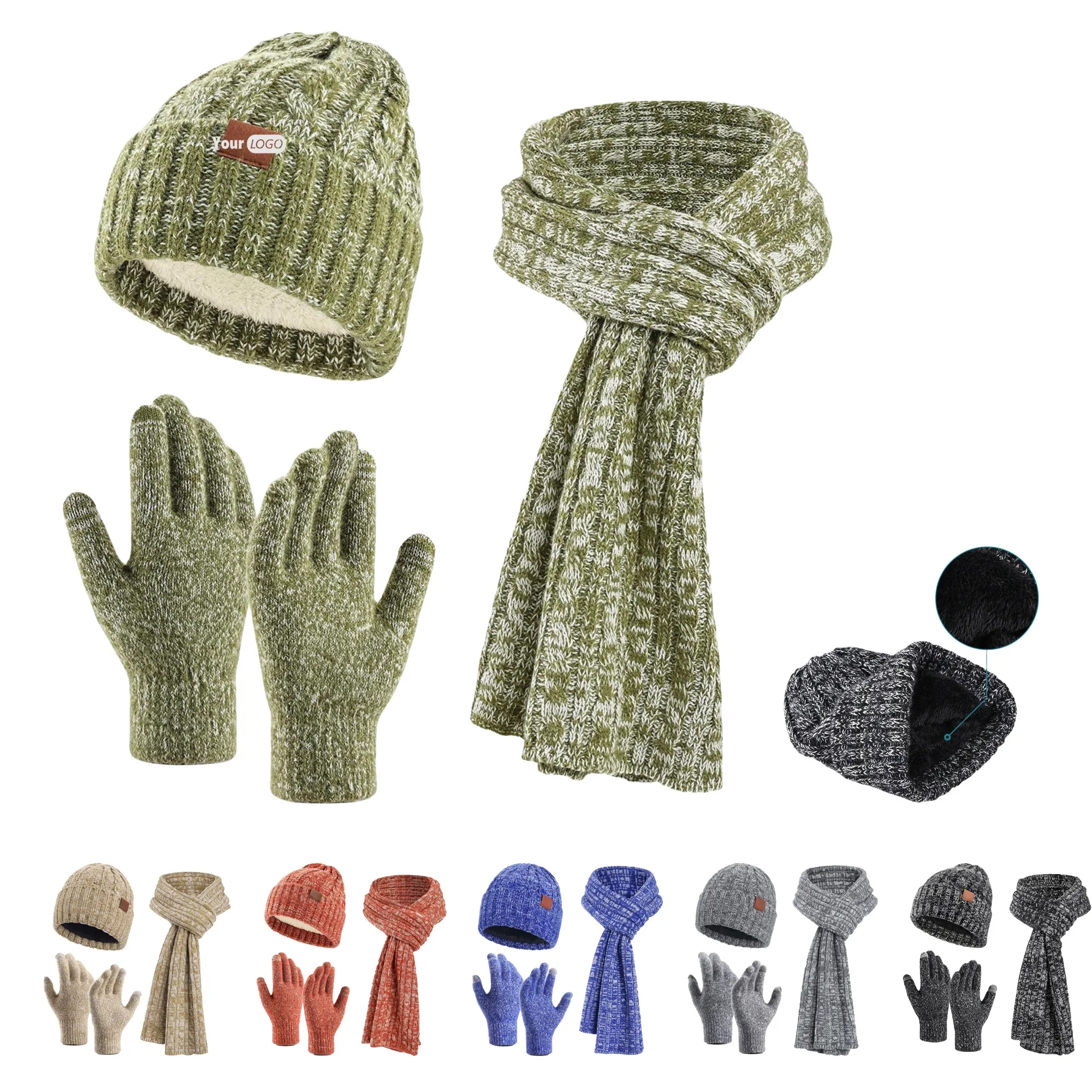 Winter Knit Warm Hat Long Scarf Touch Screen Gloves Set 11