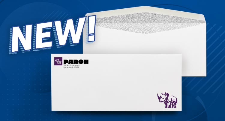 White security envelope with logo and branding printed on the front