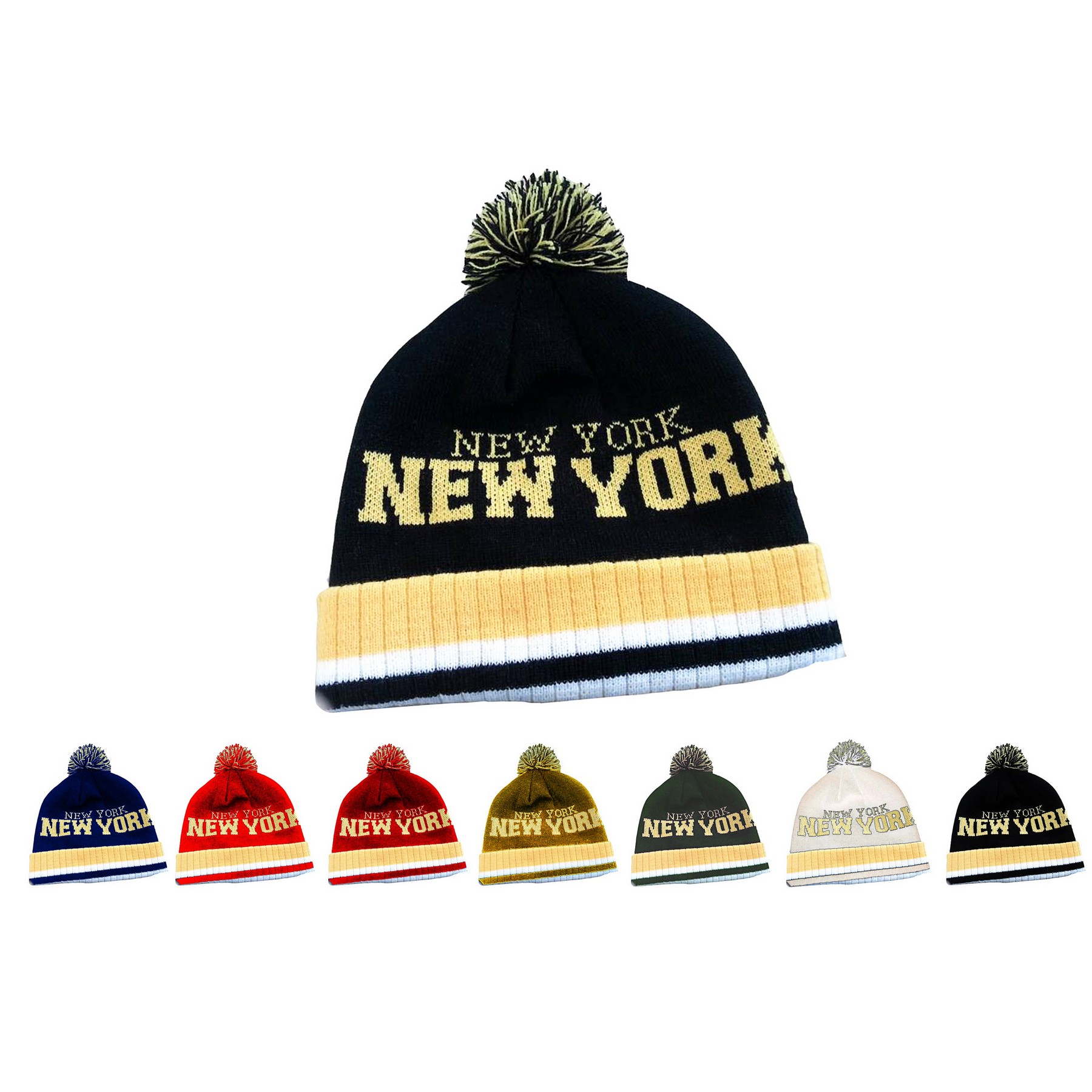 Beanie Cap with Multicolored Pom-Pom Top