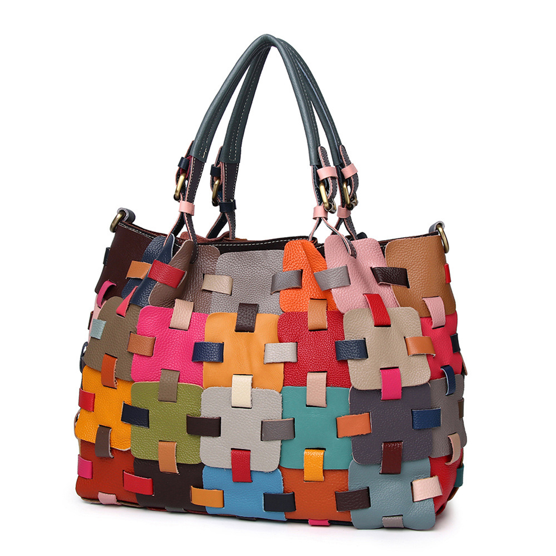 Genuine Leather Colourful square-paneled tote bag, custom tote bag with logo imprint 7