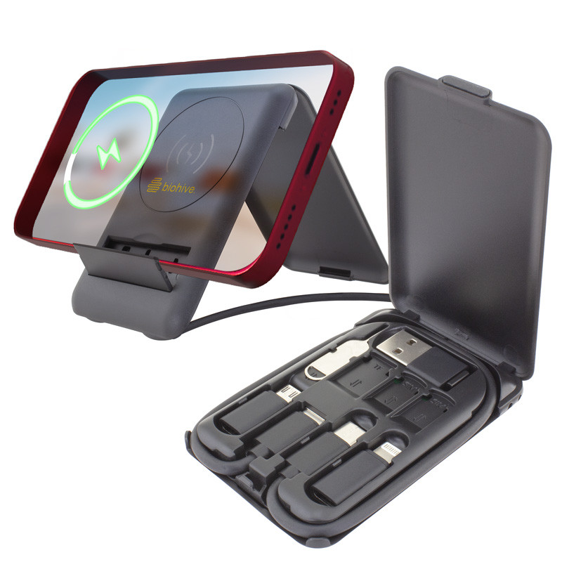 Chi-Charge Cable Card - collapsible wireless charging stand and charging cable carrier