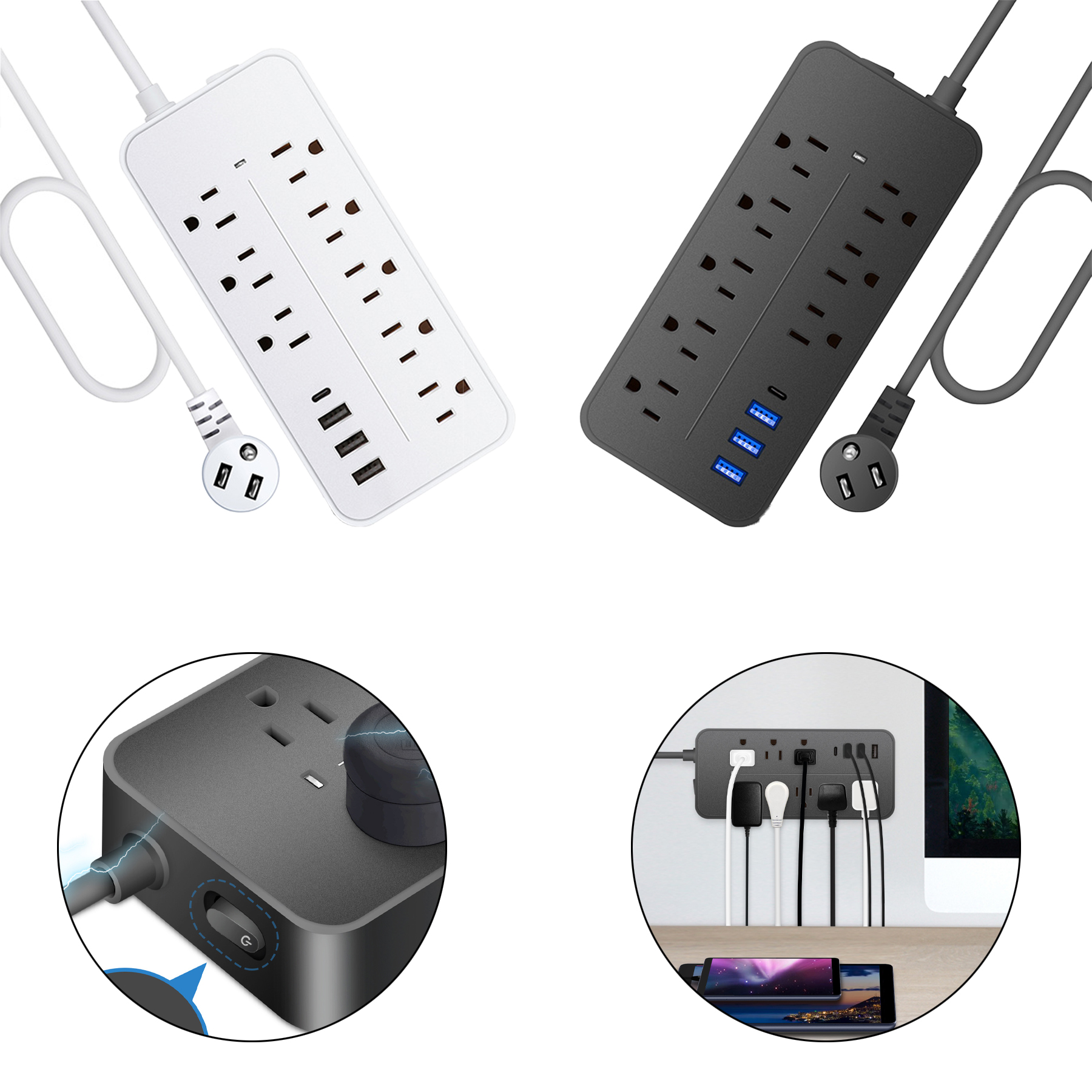 8 Outlets Flat Plug Wall Mounted Power Strip with 3 USB Port 6