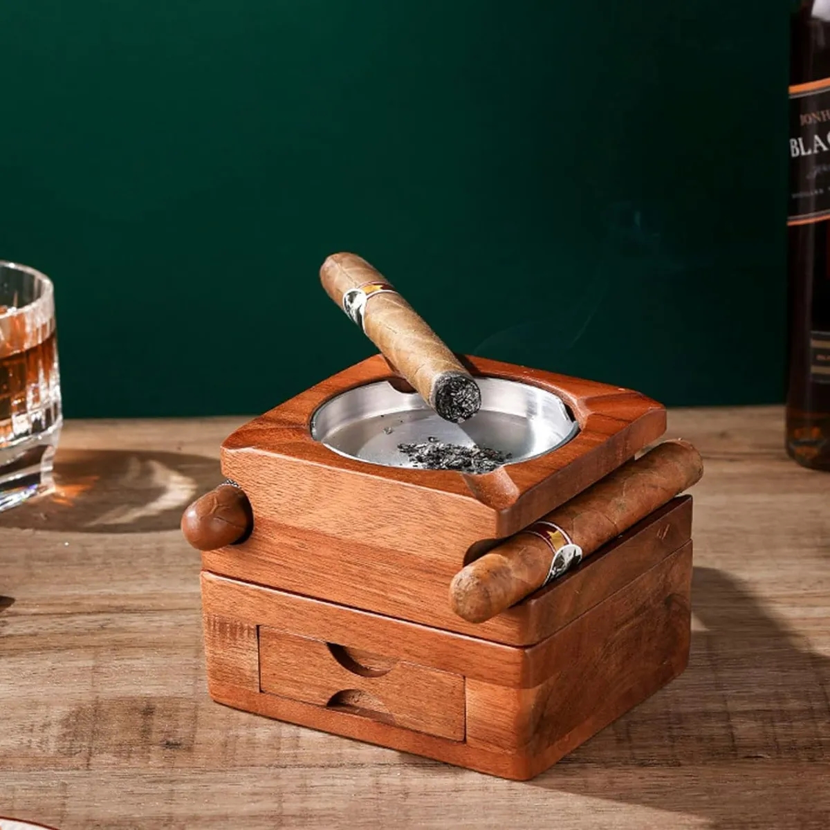 Wood Cigar Ashtray With Whiskey Glass Holder And Drawer 15