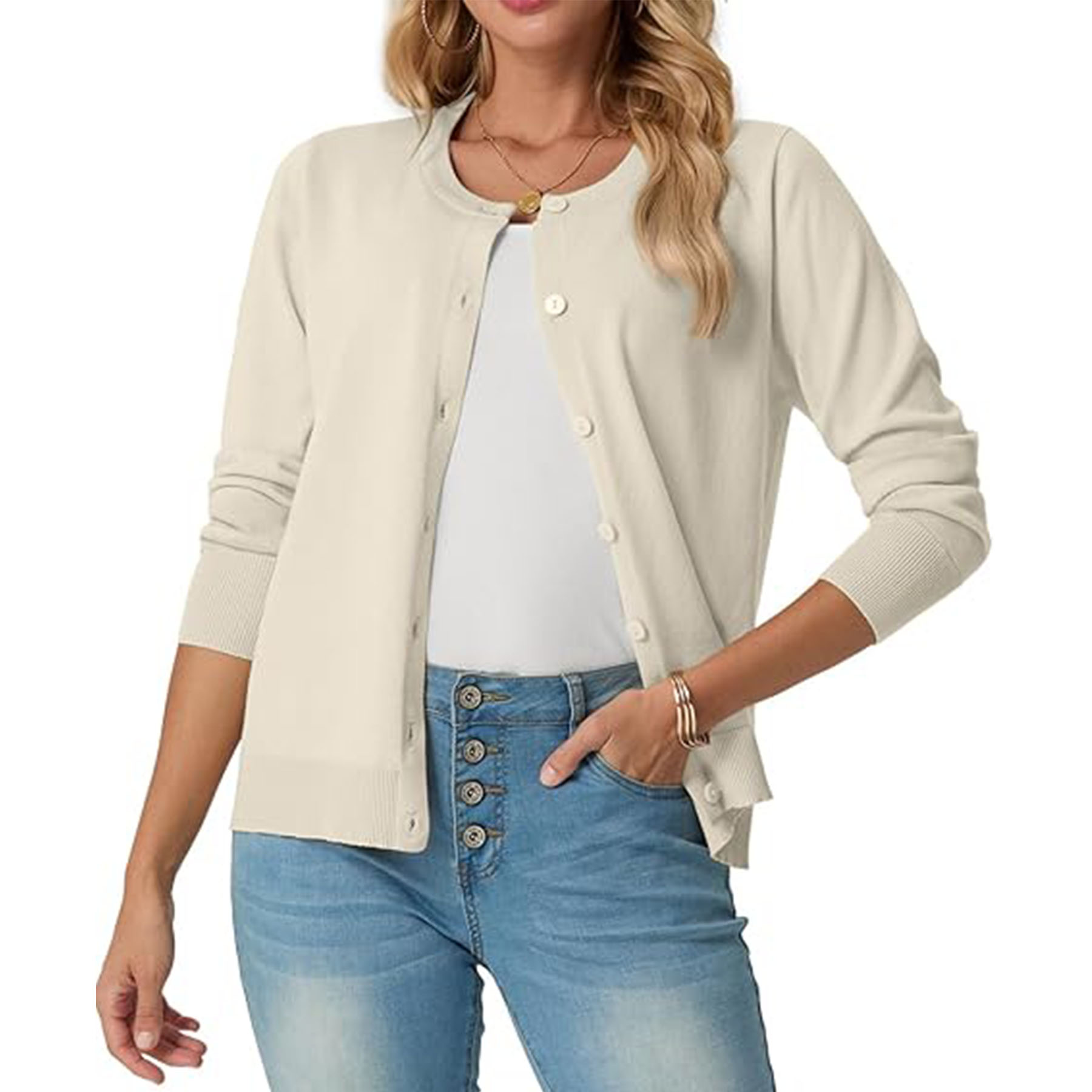 Women's Long Sleeved Lightweight Round Neck Casual Cardigan 46