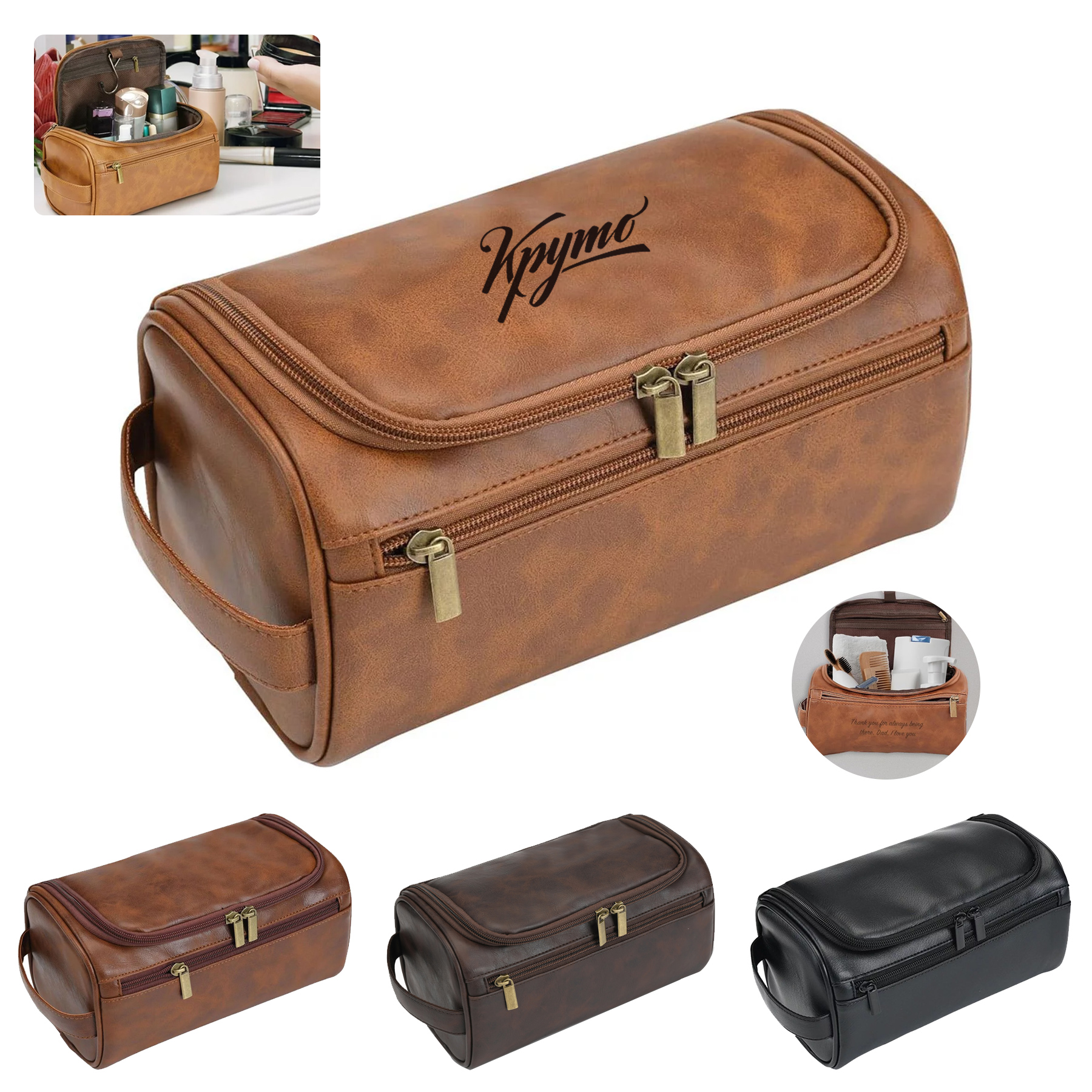 Personalized Leather Toiletry Bag with Hook 6