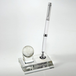 Desktop Award-Crystal Globe Pen Set w/White Ballpoint Pen